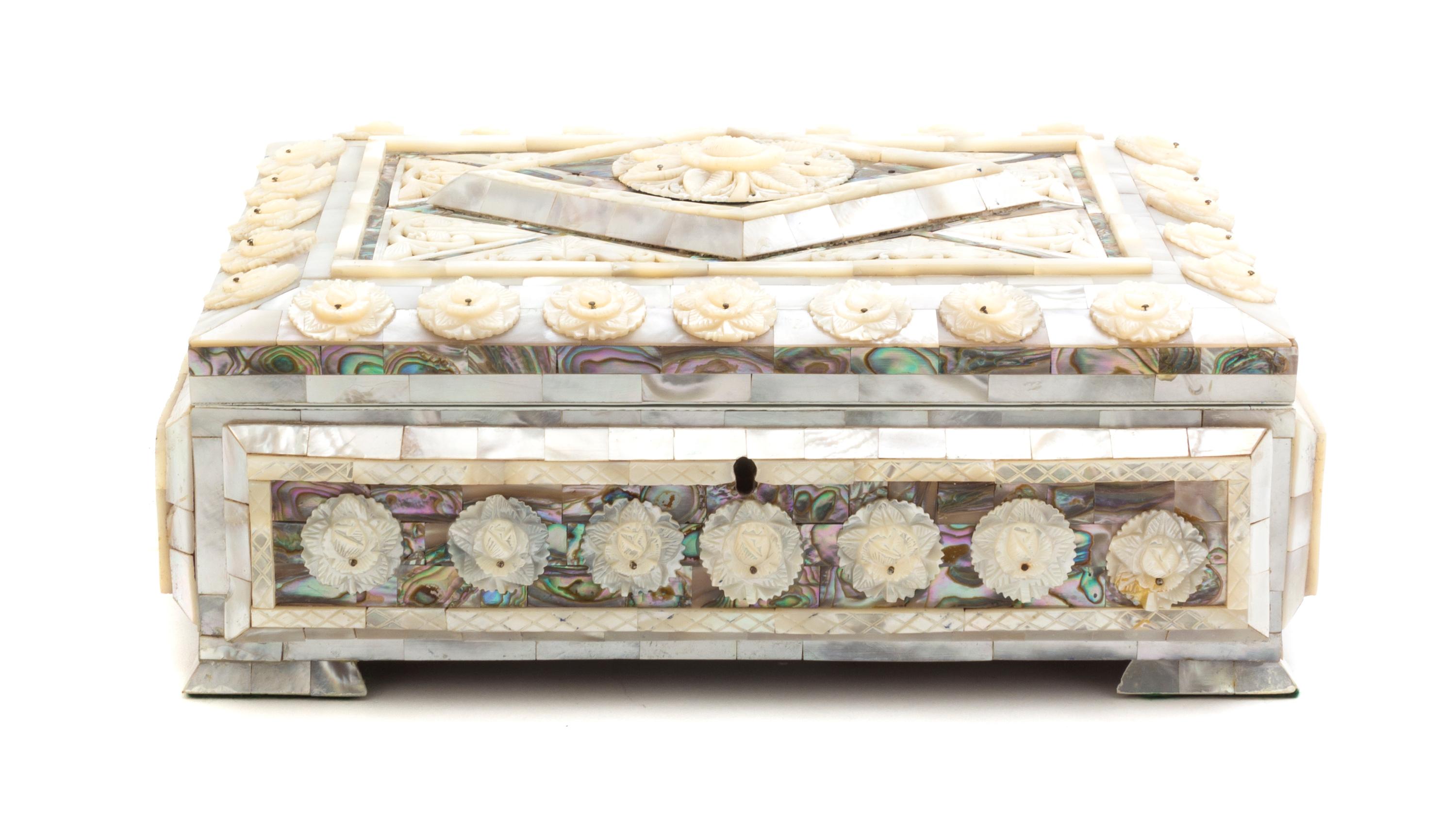 A Mother-of-Pearl Veneered Table Casket, Width 11 1/4 inches.