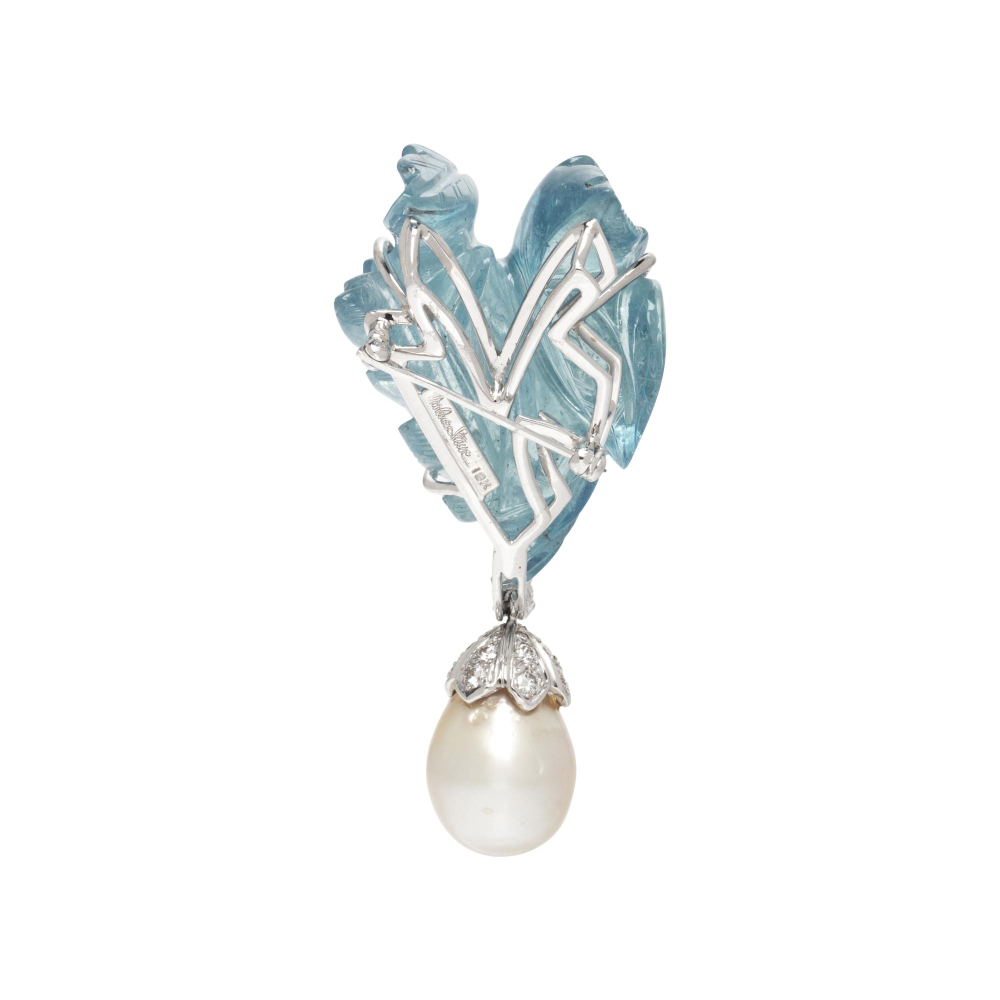MARLENE STOWE, AQUAMARINE, CULTURED PEARL, AND DIAMOND BROOCH