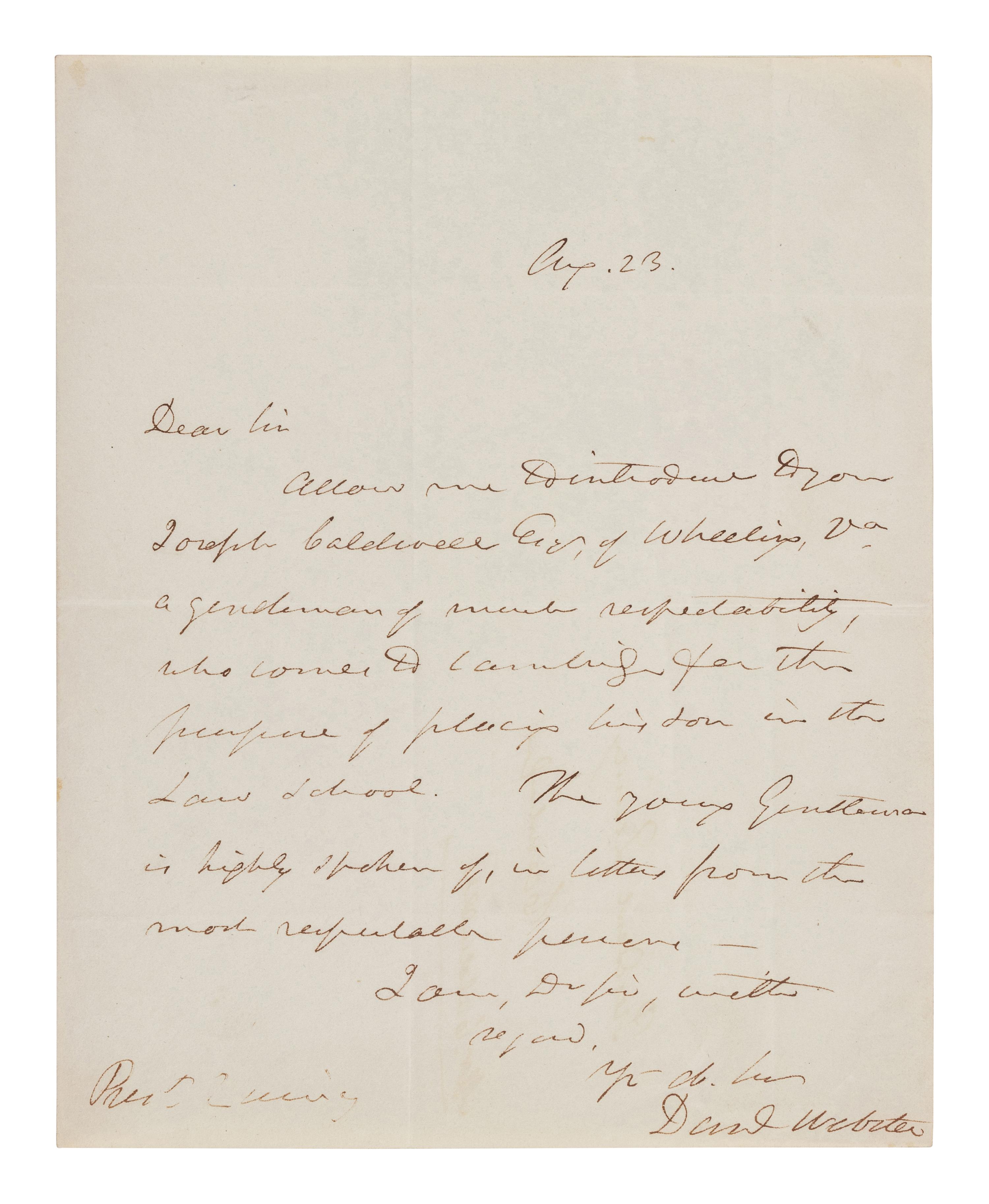 WEBSTER, Daniel (1782-1852). Autograph letter signed ("Daniel Webster") to Josiah Quincy, as President of Harvard. N.p., 23 April n.d.
