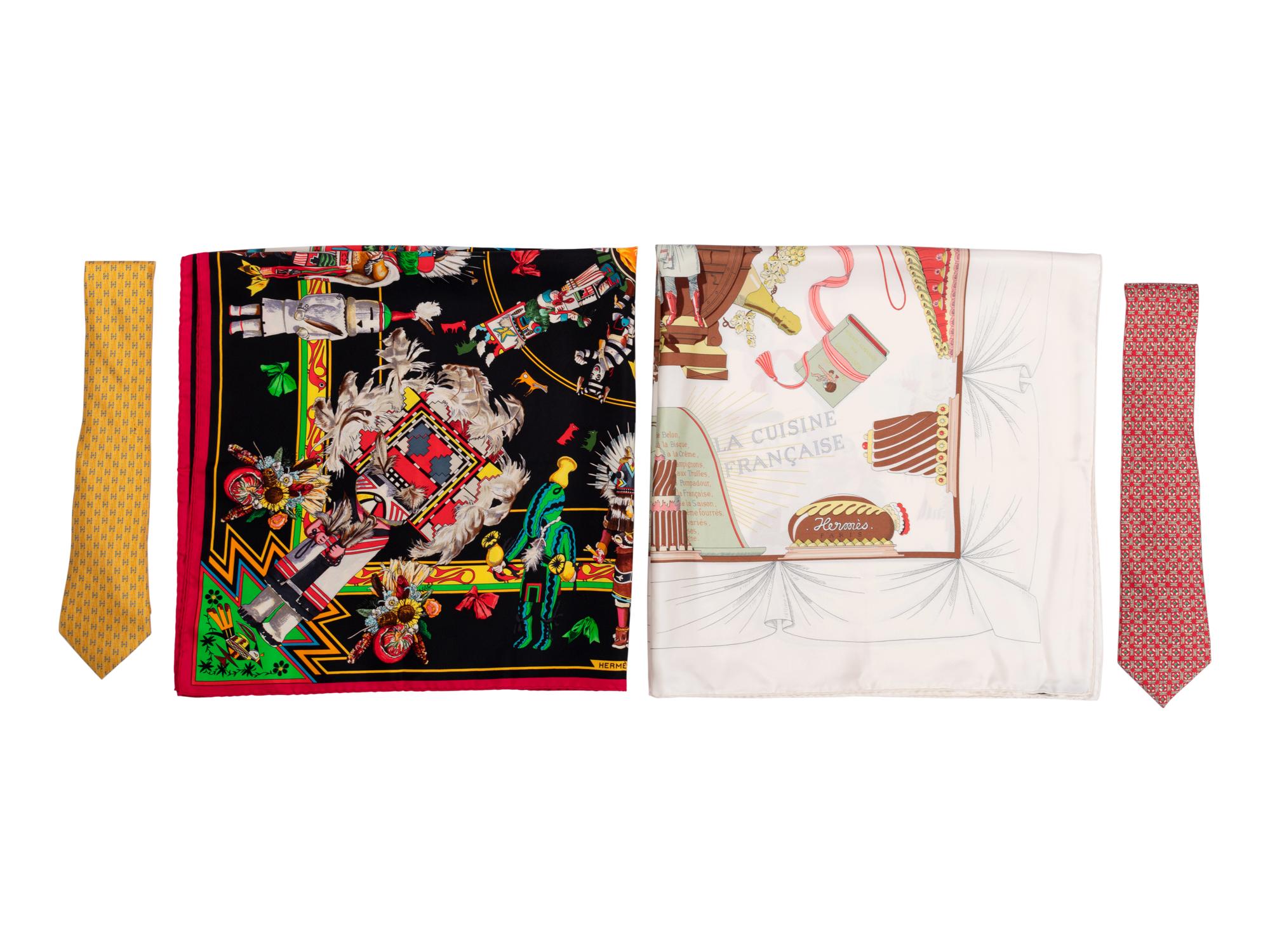 Four Hermès Items: Two 90cm Scarves and Two Ties