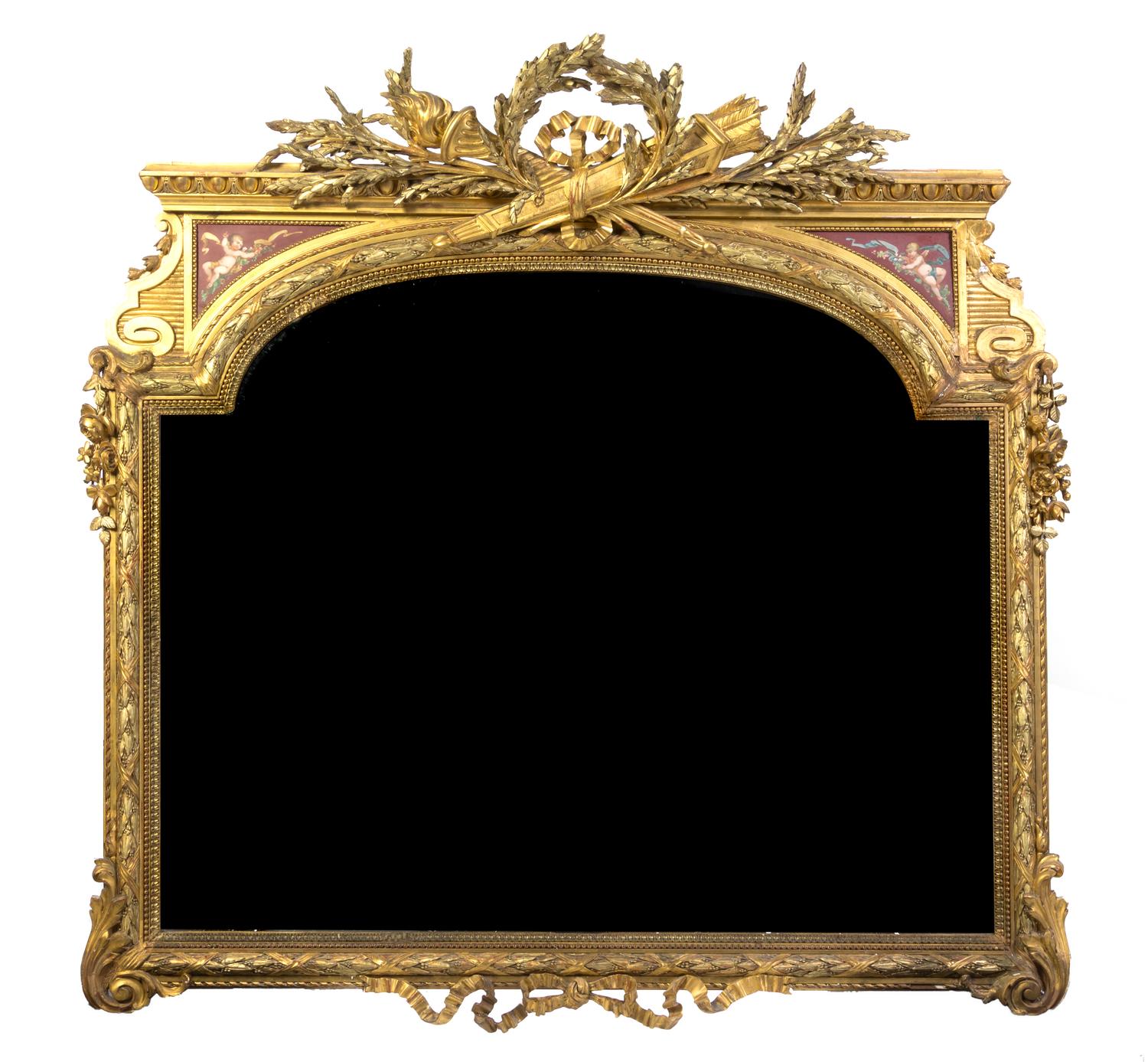 A Louis XVI Style Giltwood and Porcelain Mounted Over Mantel Mirror, Height 52 x width 56 inches.