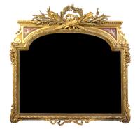 A Louis XVI Style Giltwood and Porcelain Mounted Over Mantel Mirror, Height 52 x width 56 inches.
