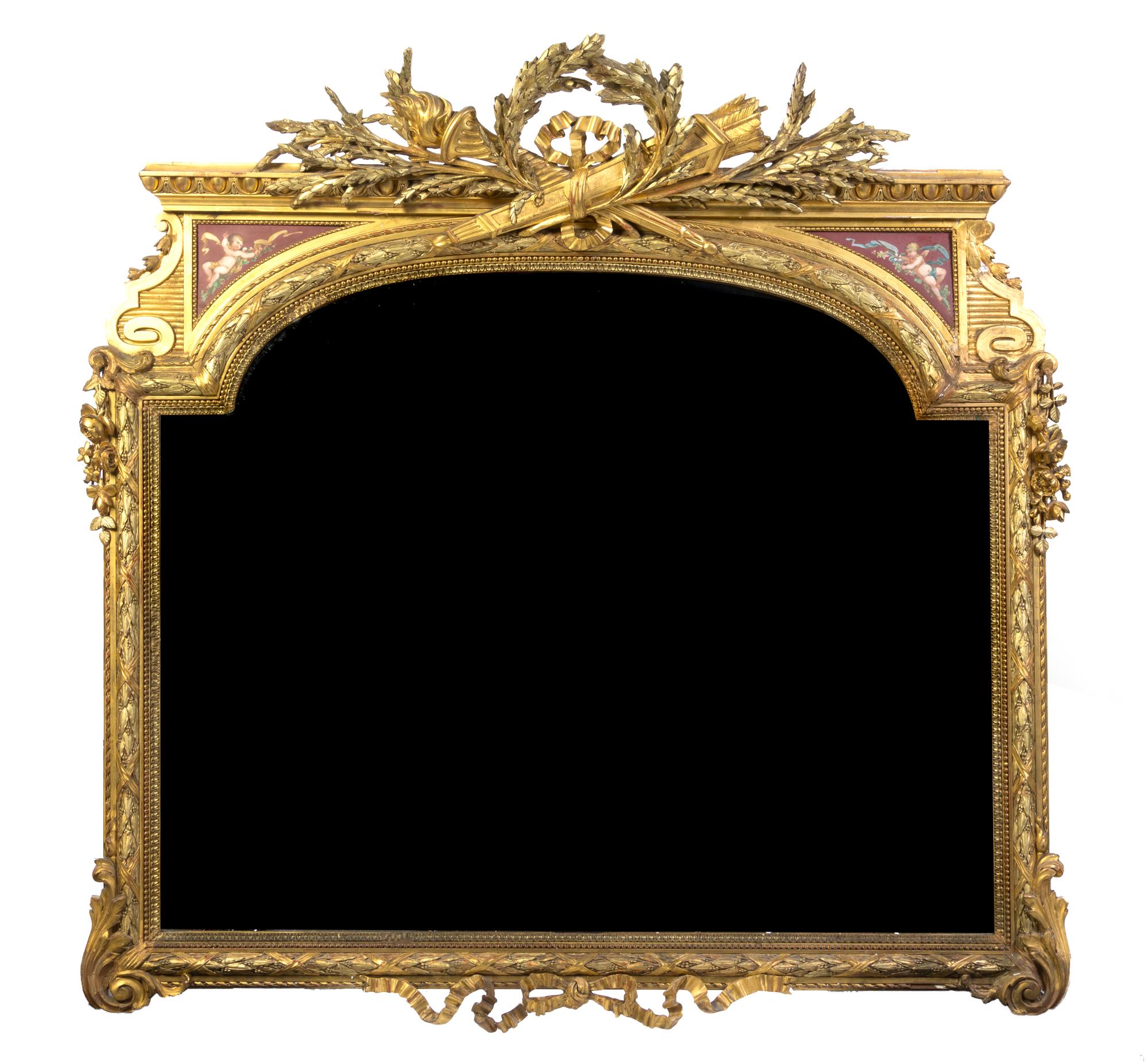 A Louis XVI Style Giltwood and Porcelain Mounted Over Mantel Mirror, Height 52 x width 56 inches.