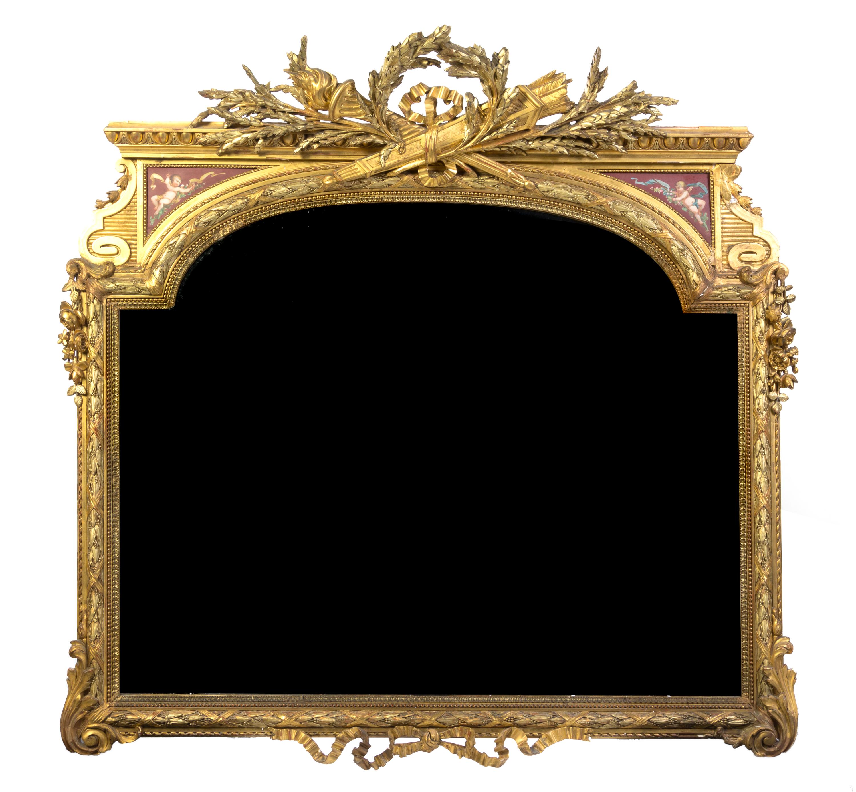 A Louis XVI Style Giltwood and Porcelain Mounted Over Mantel Mirror, Height 52 x width 56 inches.