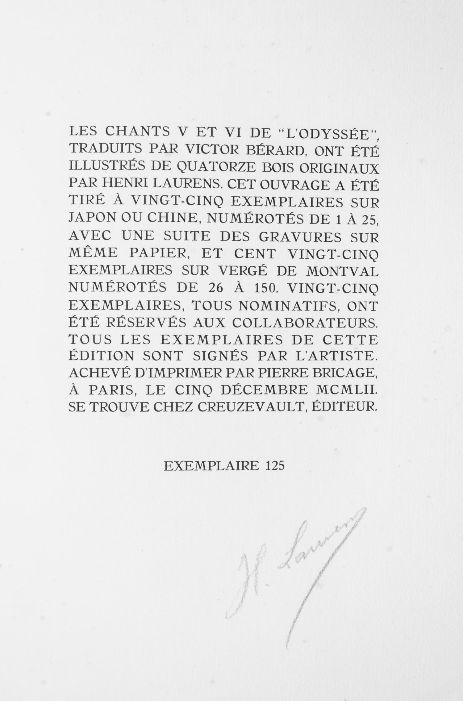 (LAURENS, HENRI) HOMER. L'Odysee. Paris, 1952. Limited, signed.