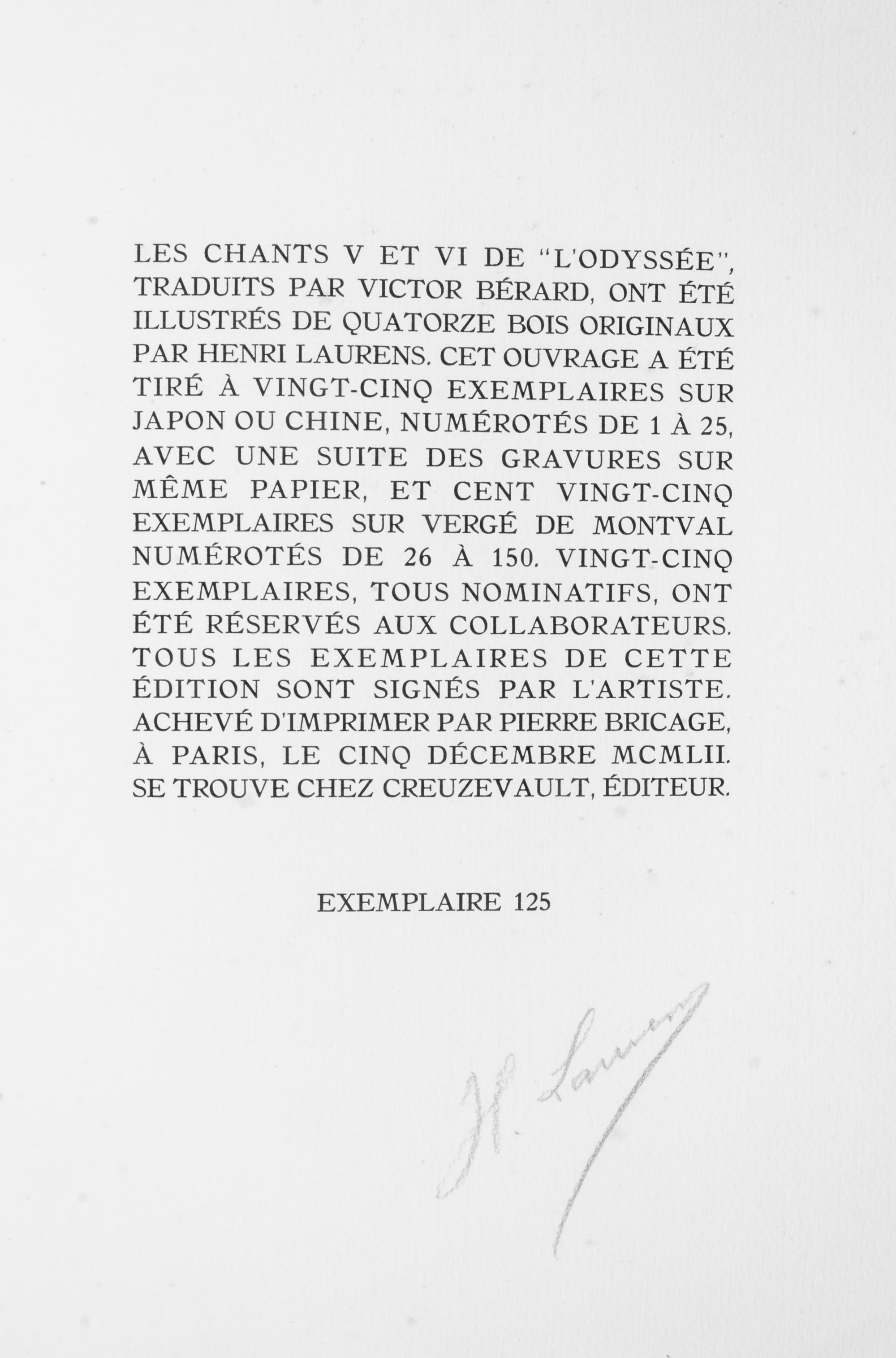 (LAURENS, HENRI) HOMER. L'Odysee. Paris, 1952. Limited, signed.