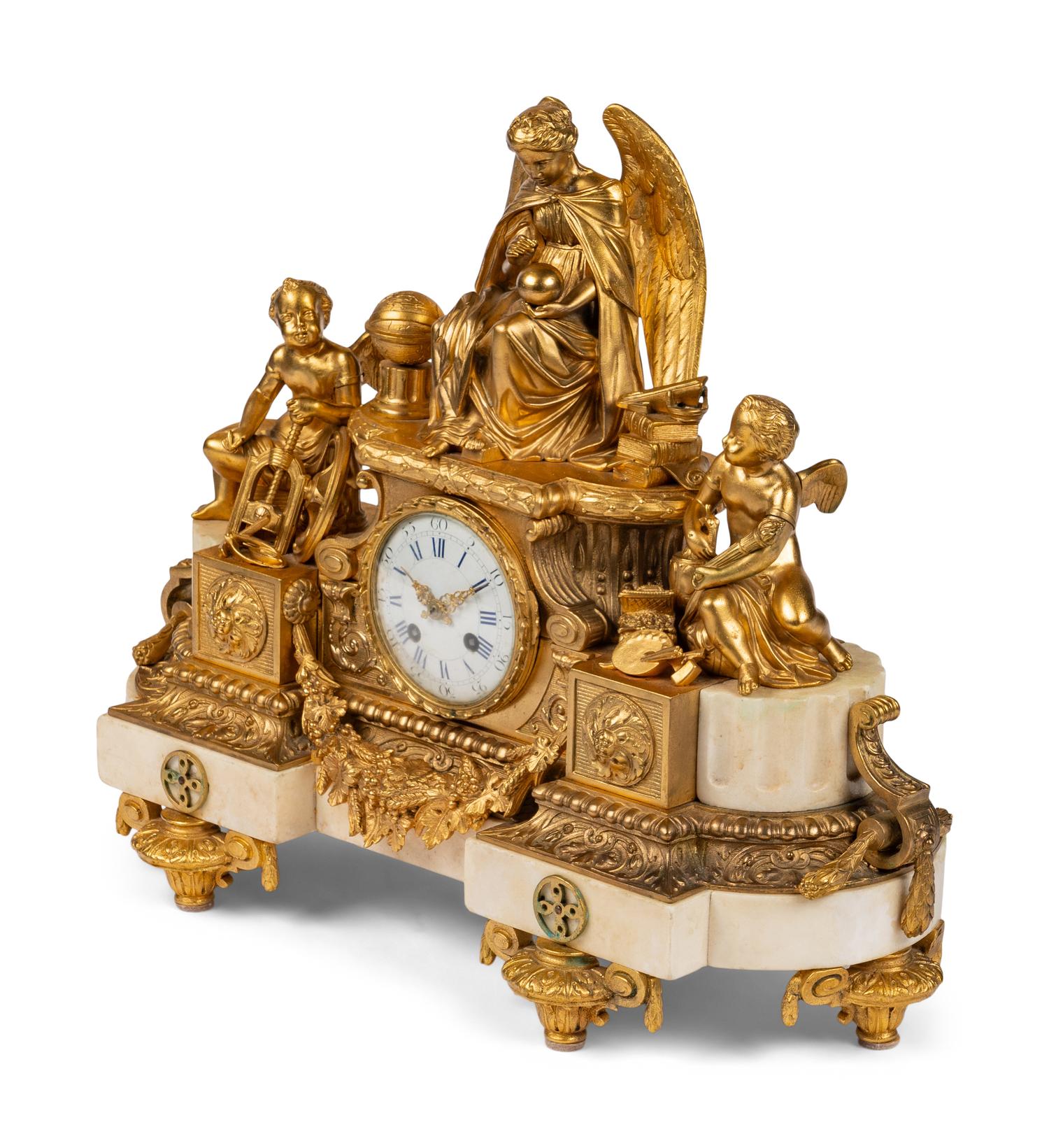 A French Gilt Bronze and Marble Mantel Clock