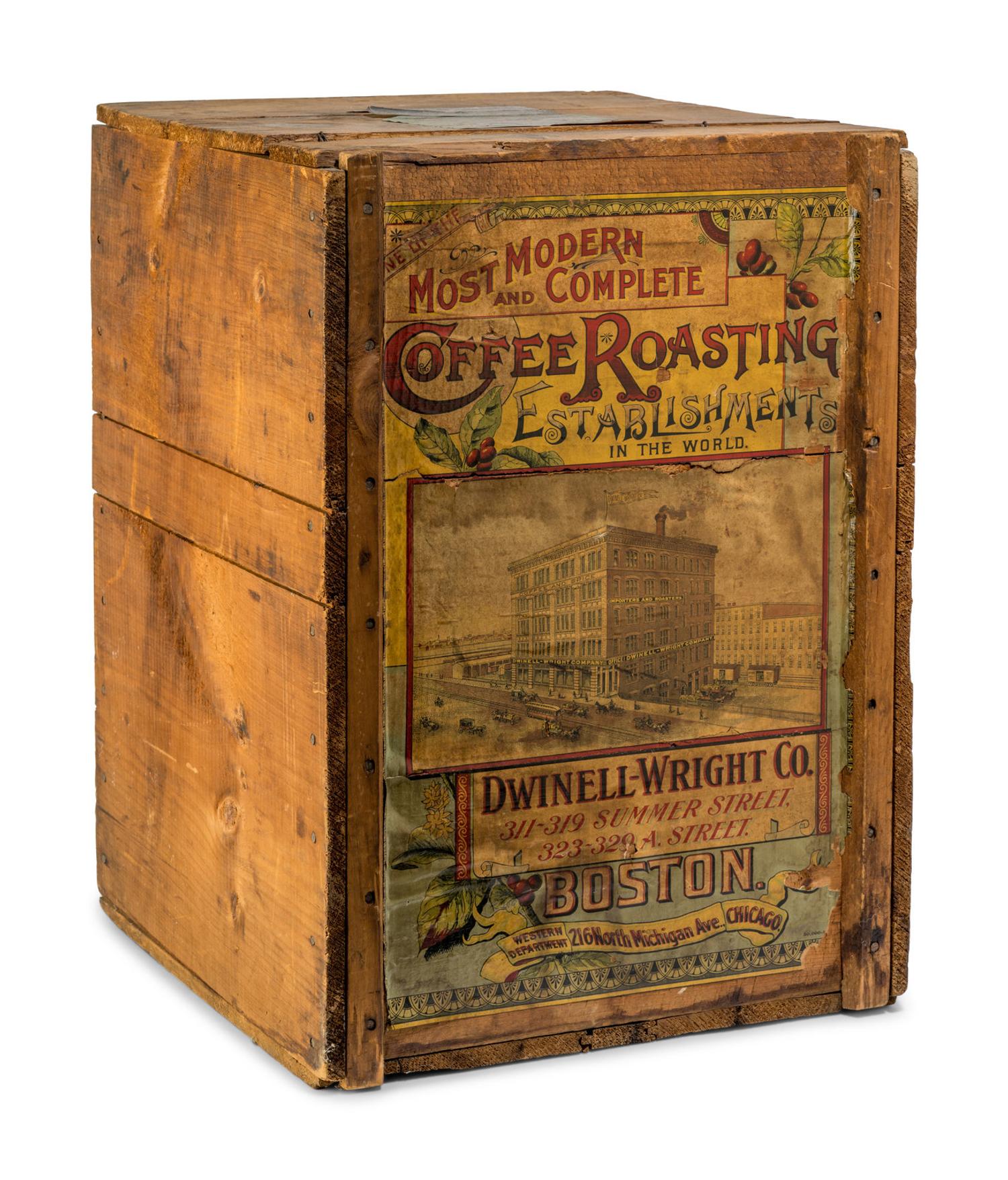 A Dwinell-Wright Co. Coffee Advertising Box, along with a Copper and Brass Colonial Coffee and Lily of the Valley Canned Goods Counter Top Vitrine Display Case