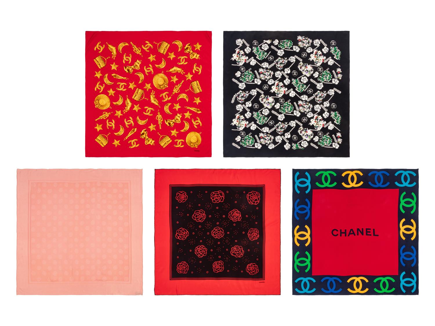 Five Chanel Silk Scarves