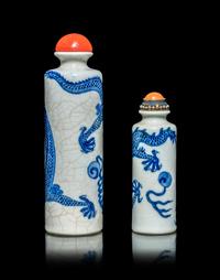 Two Chinese Blue and White Porcelain 'Dragon' Cylindrical-Form Snuff Bottles