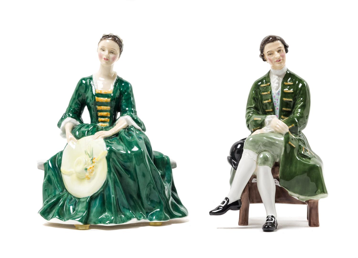 A Pair of Royal Doulton Williamsburg Porcelain Figures Height of taller 6 3/8 inches. — 20TH CENTURY