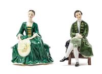 A Pair of Royal Doulton Williamsburg Porcelain Figures Height of taller 6 3/8 inches. — 20TH CENTURY
