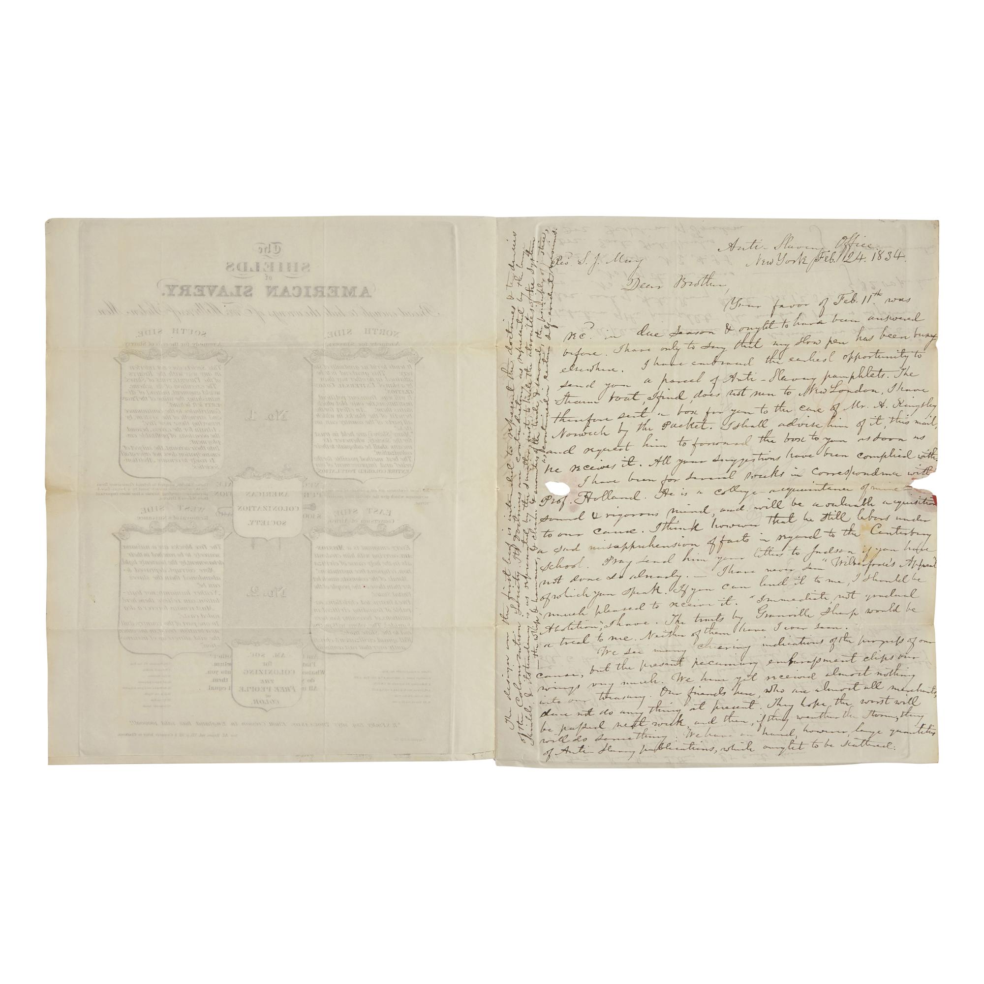 [African-Americana] Wright, Elizur, Jr. Autograph Letter, signed on an Anti-American Colonization Society Broadside "The Shields of American Slavery..."