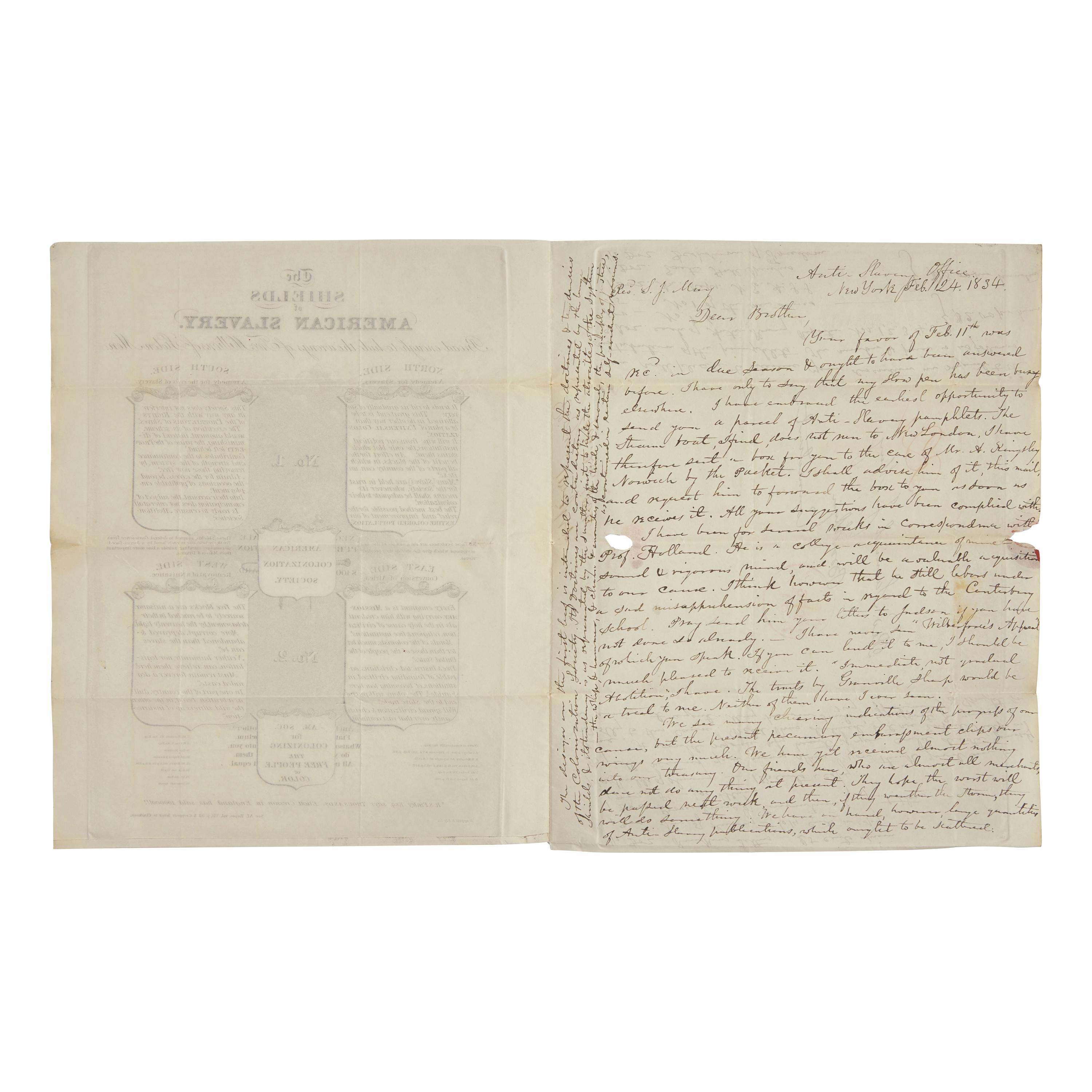 [African-Americana] Wright, Elizur, Jr. Autograph Letter, signed on an Anti-American Colonization Society Broadside "The Shields of American Slavery..."