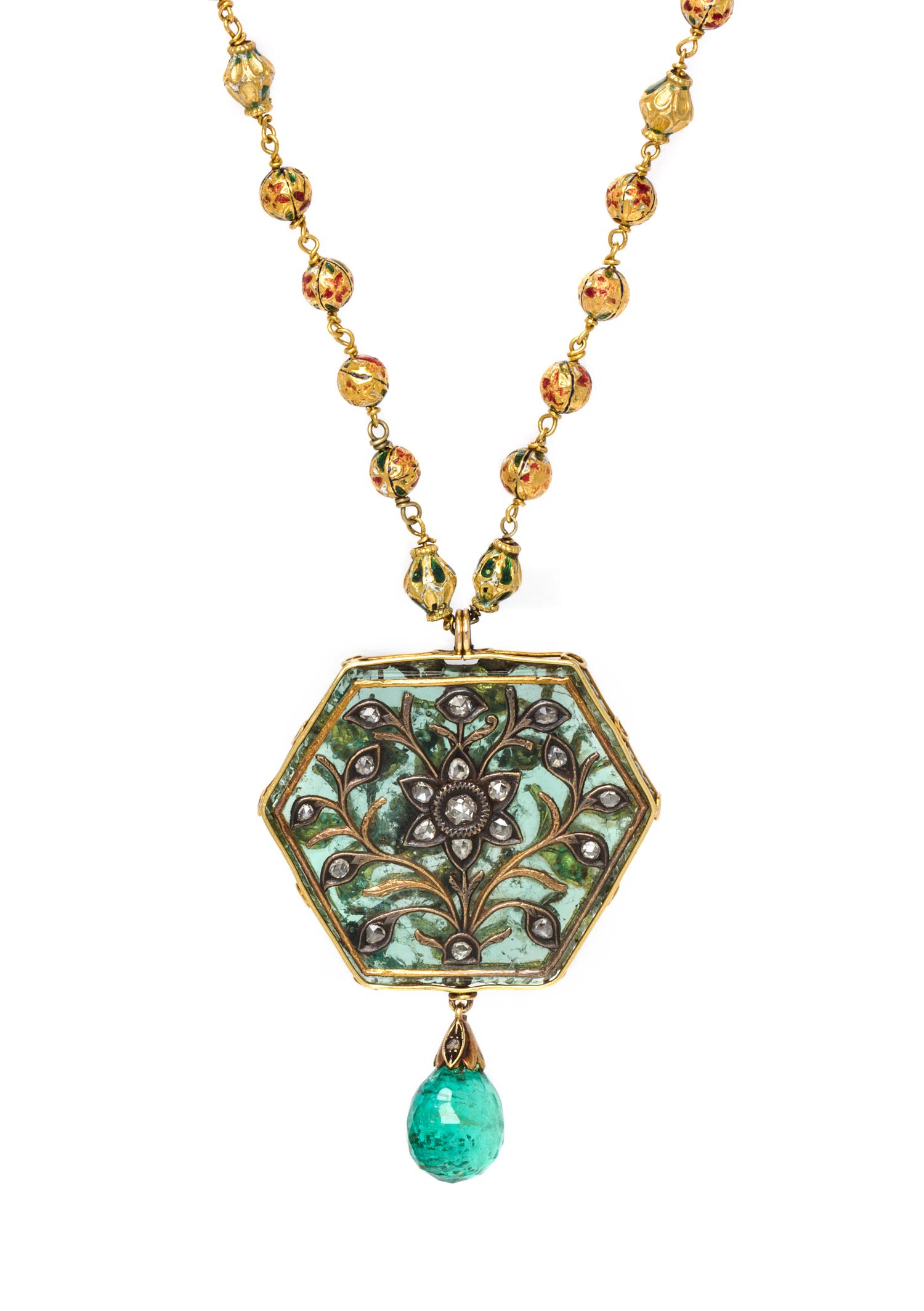 A Double Strand Yellow Gold, Emerald, Diamond, Ruby and Polychrome Enamel Necklace, Indian, 77.60 dwts.
