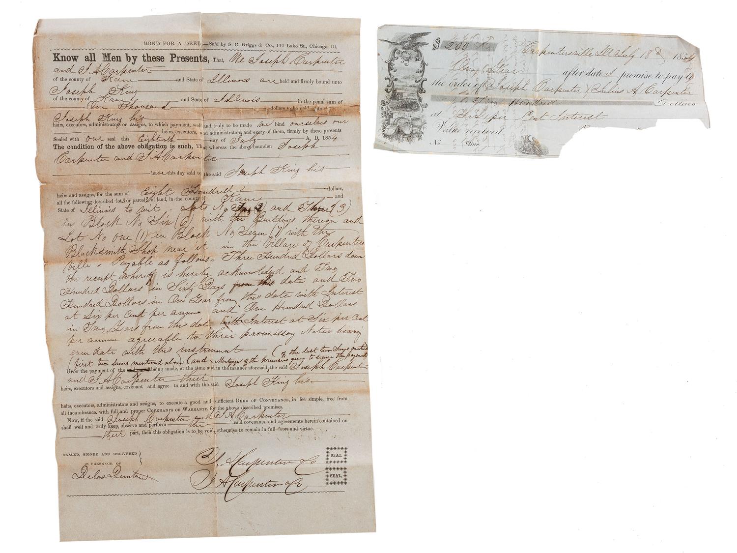 [VERMONT] -- [ILLINOIS]. Document wallet with patriotic motif and archive of business documents identified to blacksmith Joseph King (1812-1892).