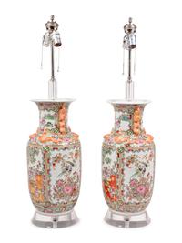 A Pair of Rose Medallion Porcelain Vases Mounted as Lamps
