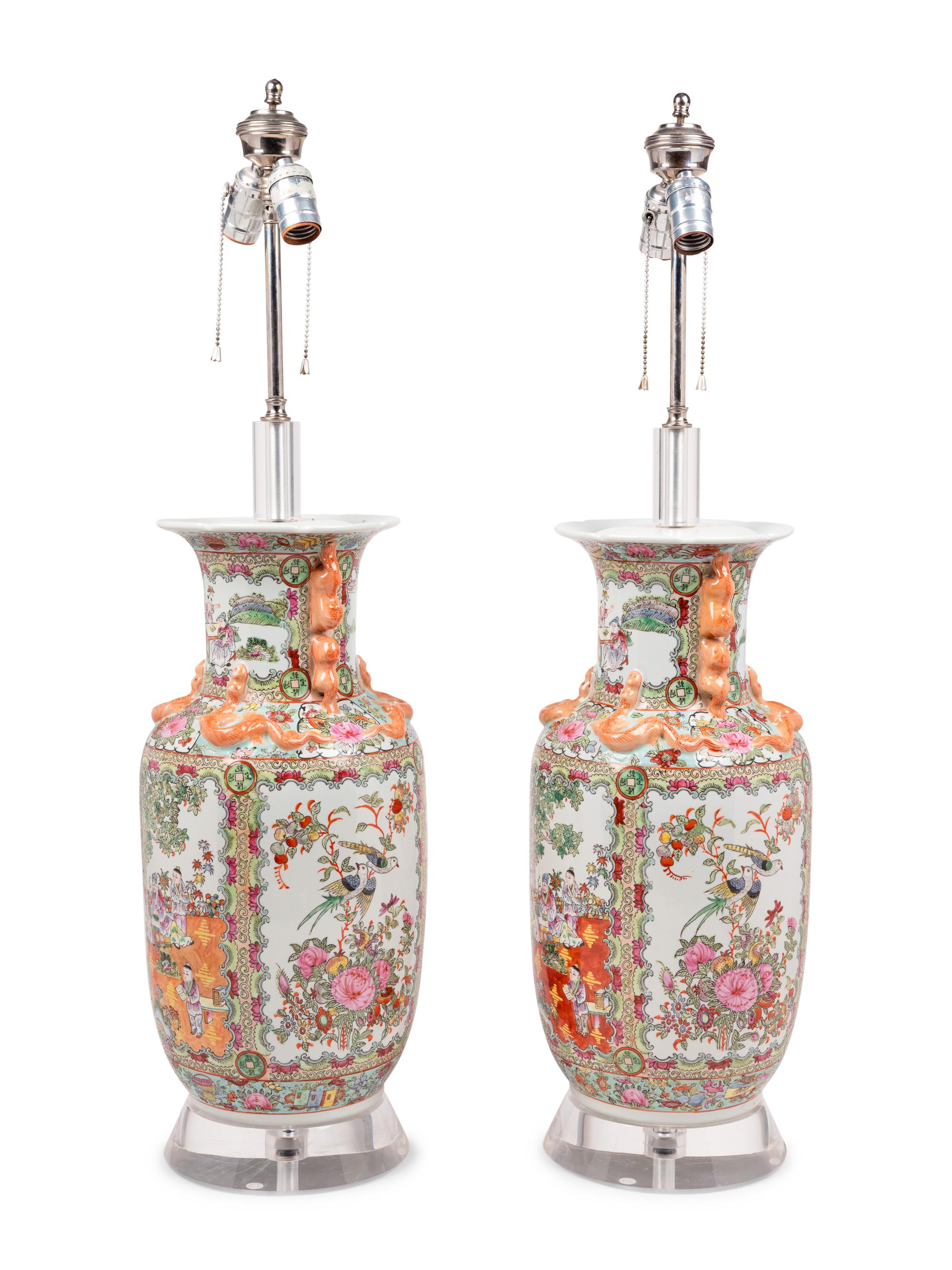 A Pair of Rose Medallion Porcelain Vases Mounted as Lamps