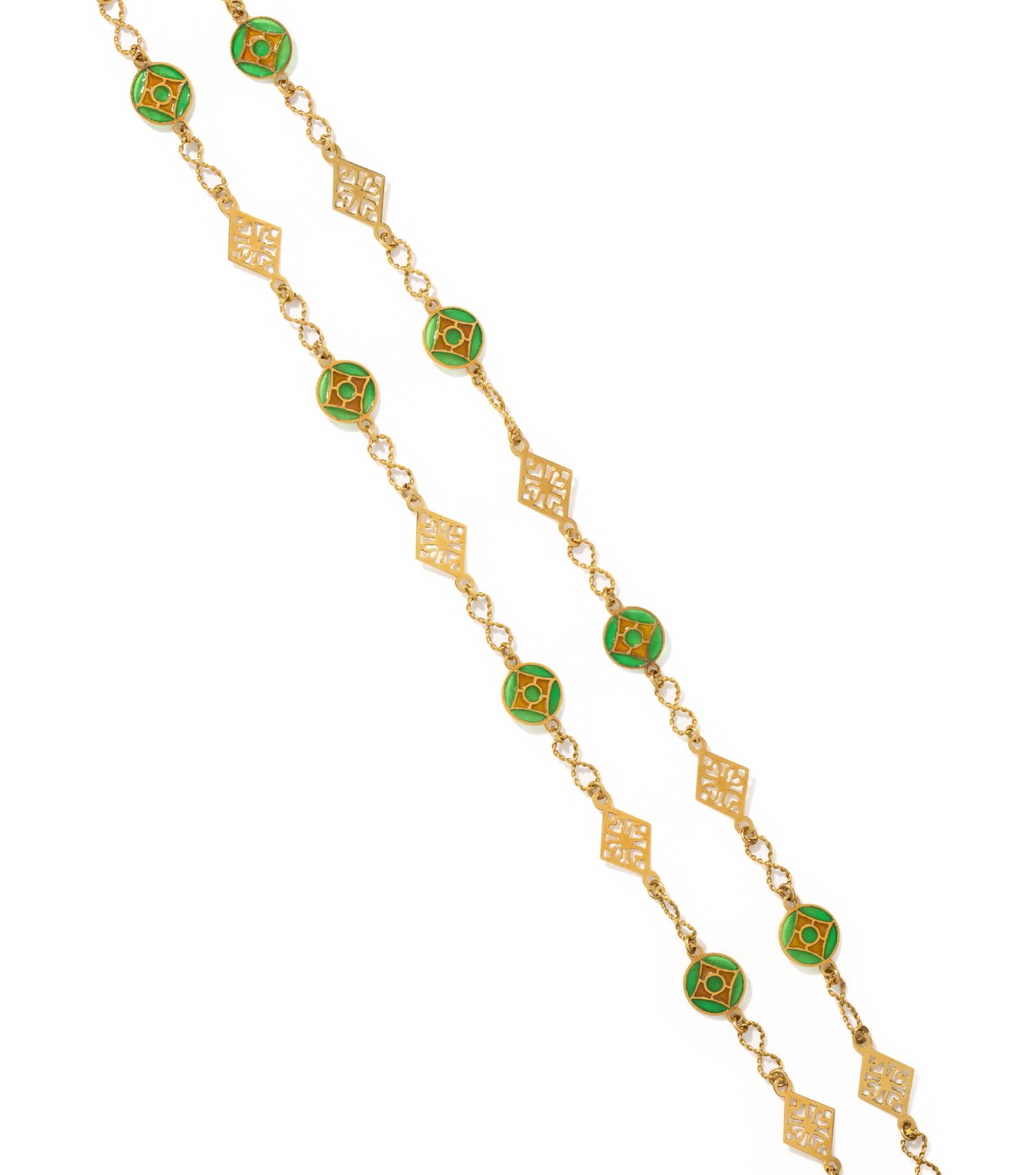 YELLOW GOLD AND PLIQUE-A-JOUR ENAMEL NECKLACE