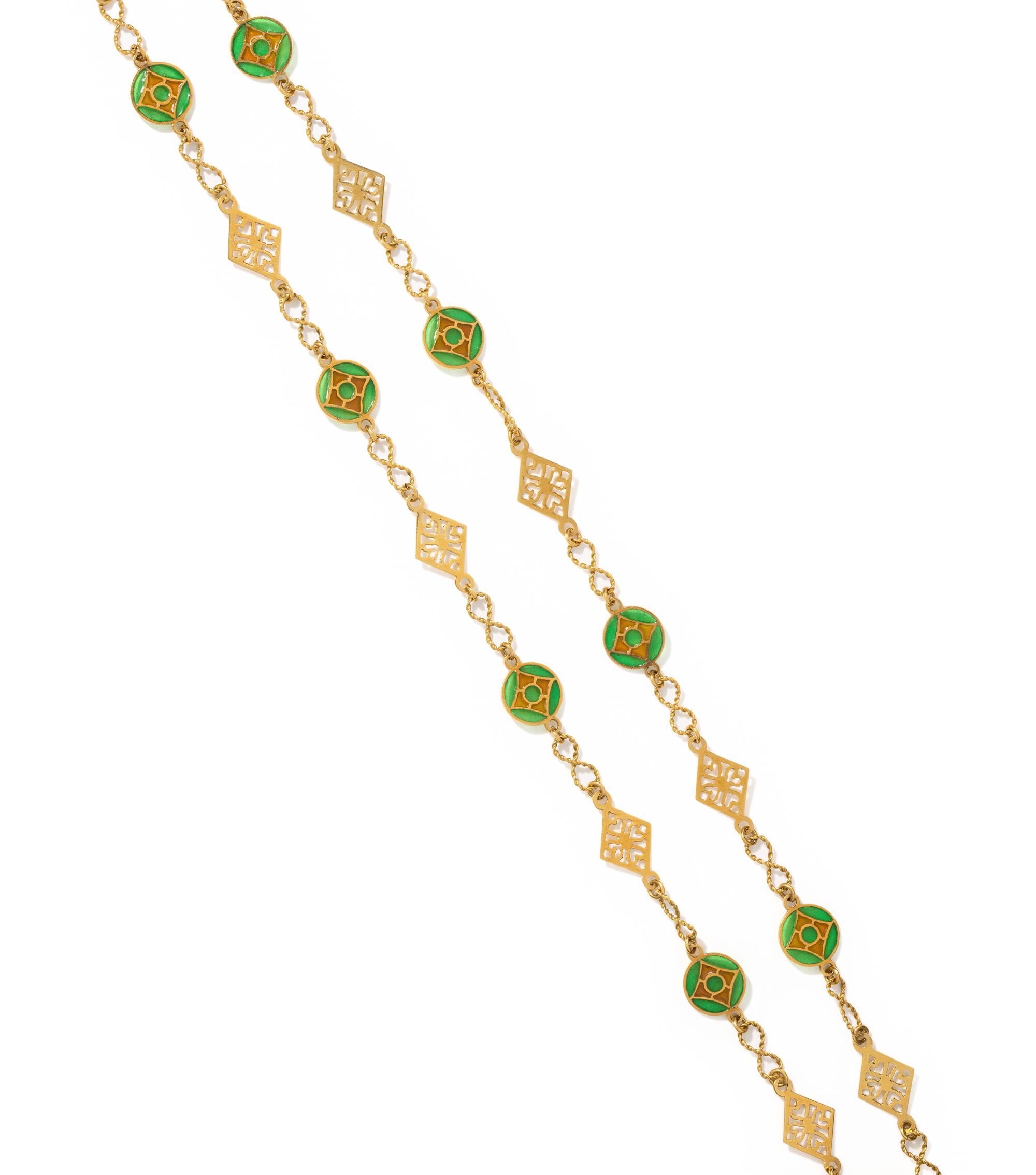 YELLOW GOLD AND PLIQUE-A-JOUR ENAMEL NECKLACE