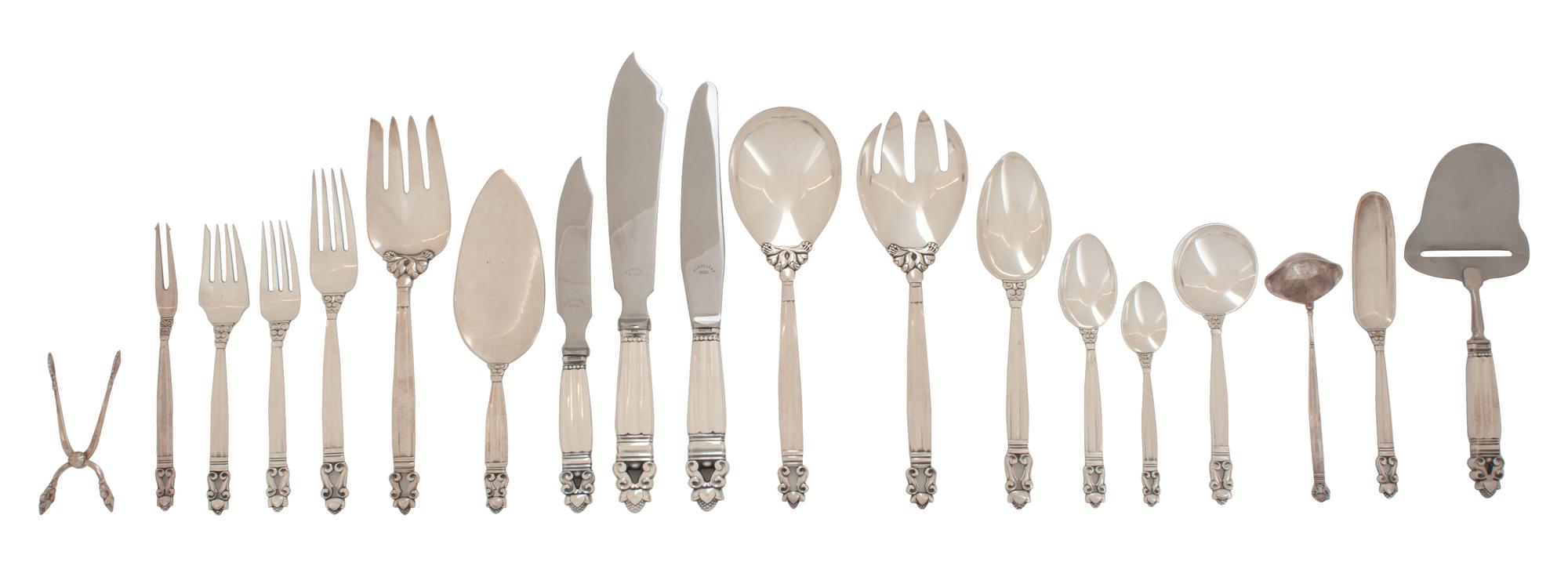 A Georg Jensen Sterling Flatware Service for Twelve, DENMARK, 1915, Acorn pattern, comprising; 12 forks 12 mocha spoons 12 dinner forks