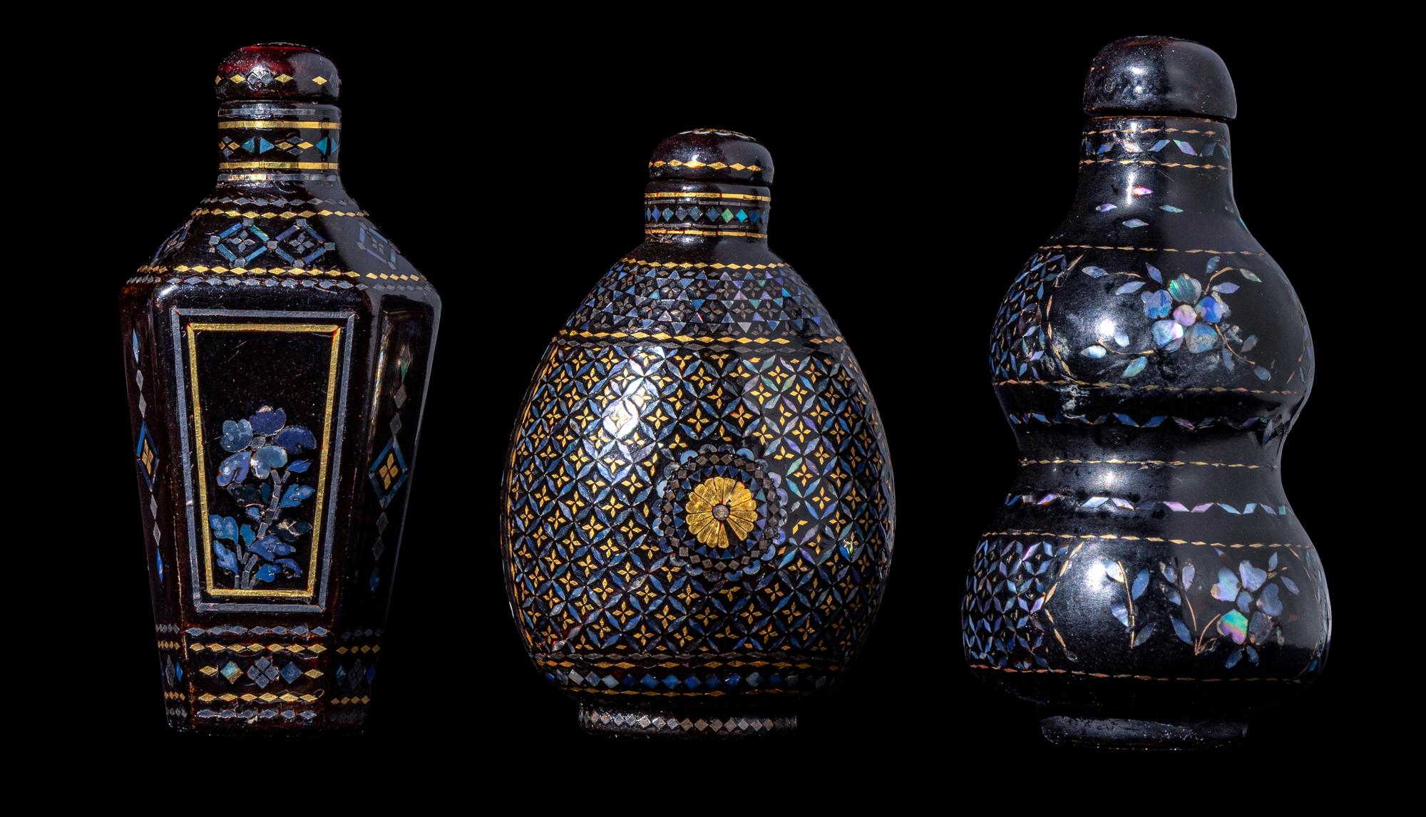 RELEASED TO MUSEUM - Three Chinese Lac Burgauté Snuff Bottles