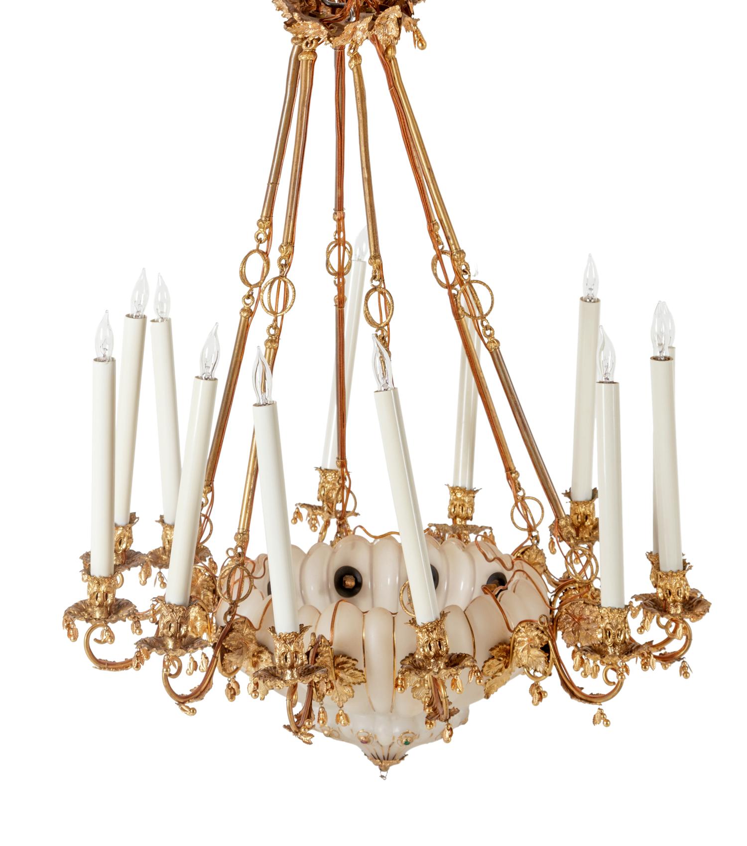 A Continental Gilt Metal and Jeweled Opaline Glass Twelve-Light Chandelier