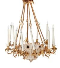 A Continental Gilt Metal and Jeweled Opaline Glass Twelve-Light Chandelier