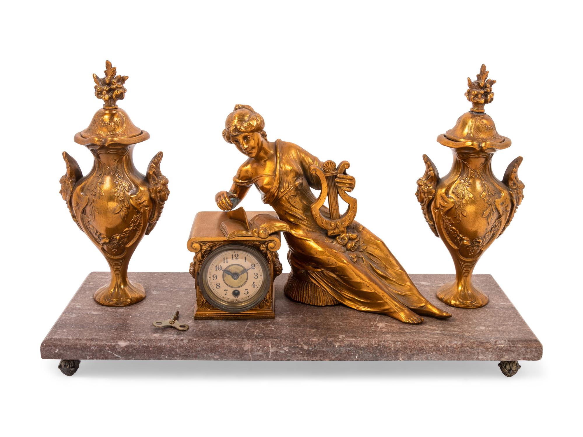 An American Gilt Metal and Marble Mantel Clock