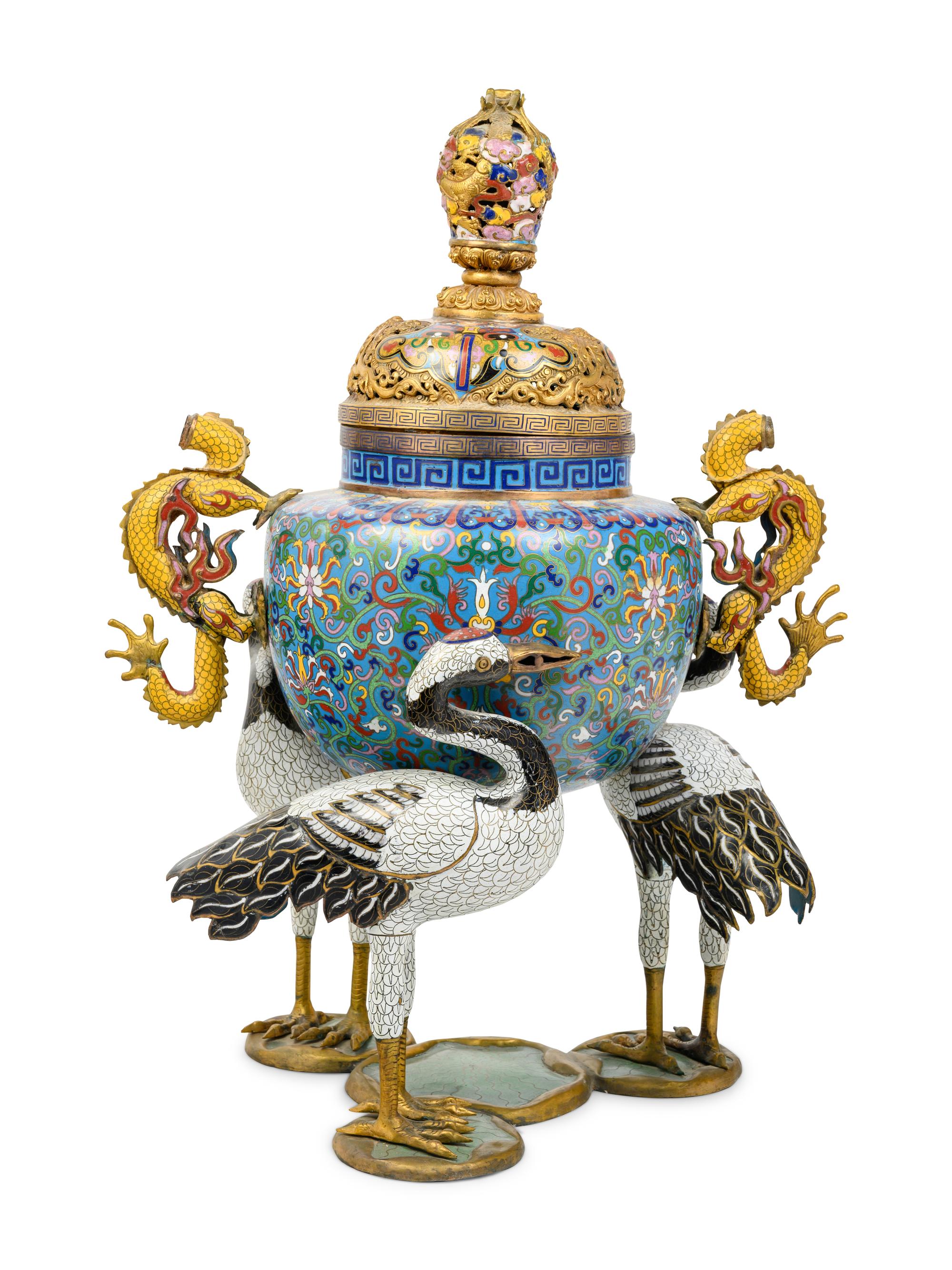 A Chinese Cloisonné Enamel 'Crane' Tripod Incense Burner