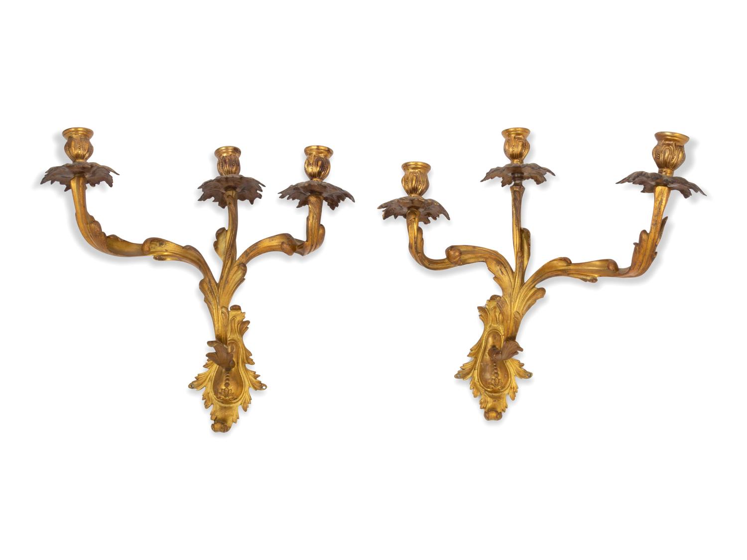A Pair of Louis XV Style Gilt Bronze Three-Light Sconces
