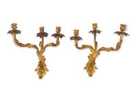 A Pair of Louis XV Style Gilt Bronze Three-Light Sconces