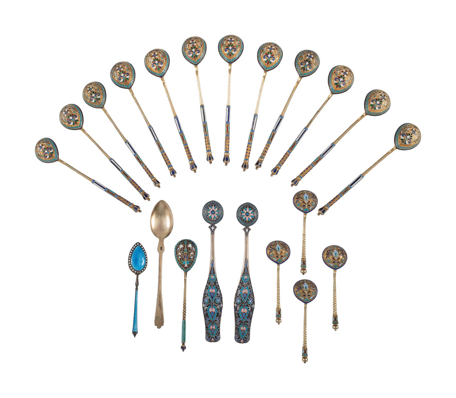 Sixteen Russian Silver and Enamel Spoons