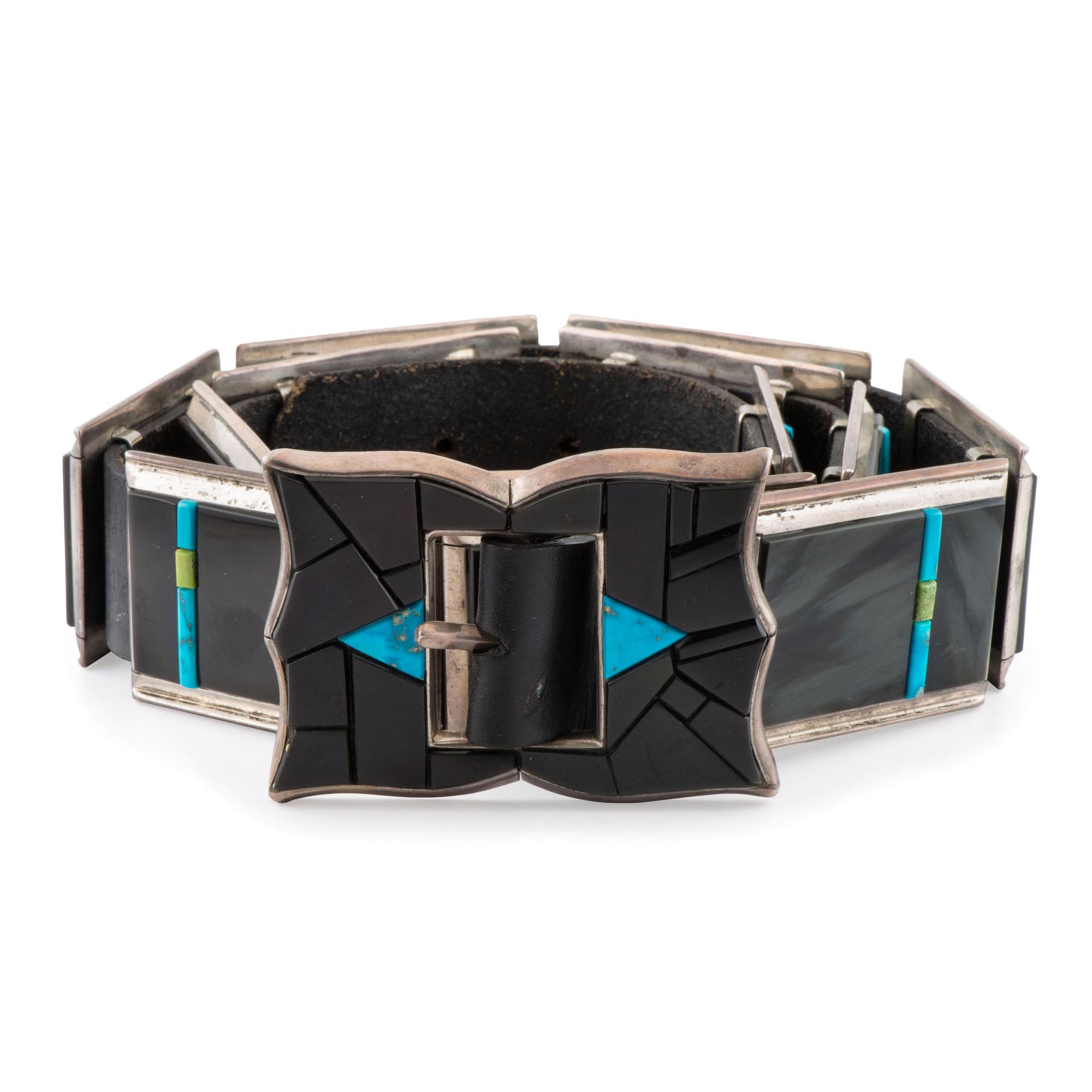 Sterling Silver, Black Jade, Turquoise, and Serpentine Concha Belt