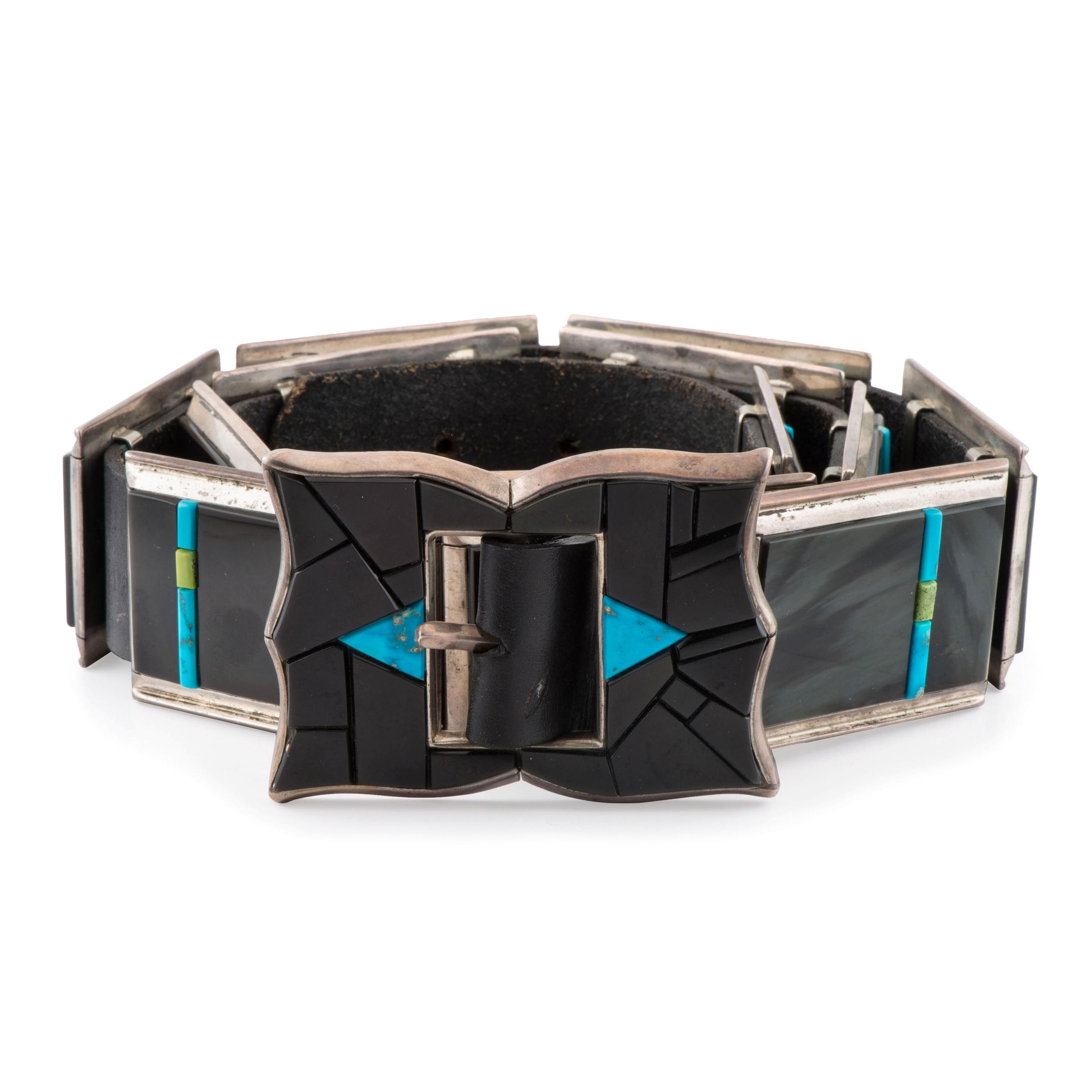 Sterling Silver, Black Jade, Turquoise, and Serpentine Concha Belt