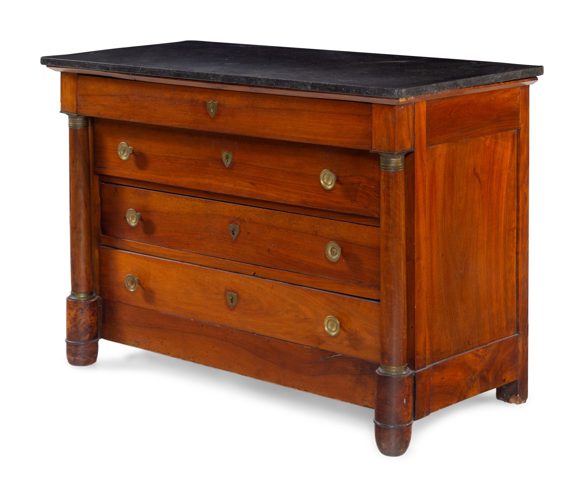 An Empire Style Gilt Metal Mounted Walnut Marble-Top Commode