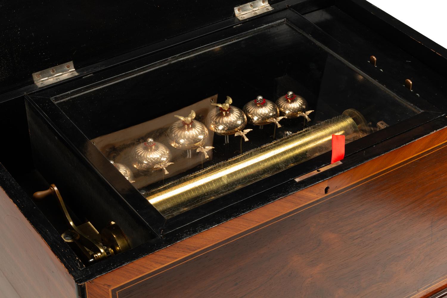 A Swiss Marquetry ‘Bells in Sight’ Cylinder Music Box on Stand