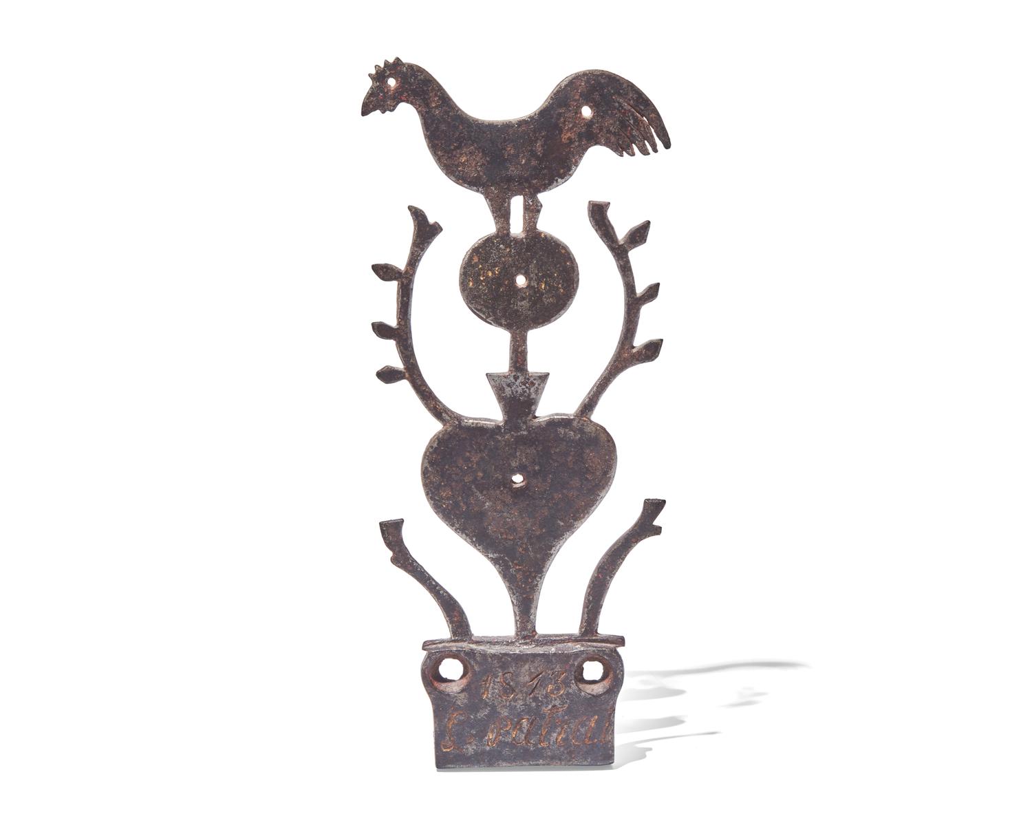 A Figural Wrought Iron Plate with Rooster Finial, Probably French, Dated and Inscribed, "1813 L. Patrat"