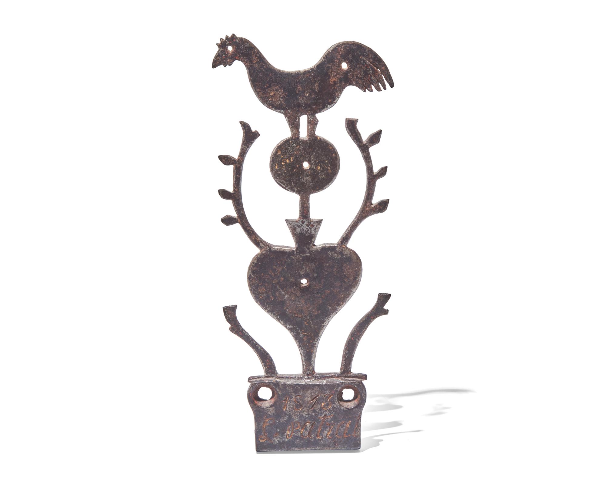 A Figural Wrought Iron Plate with Rooster Finial, Probably French, Dated and Inscribed, "1813 L. Patrat"