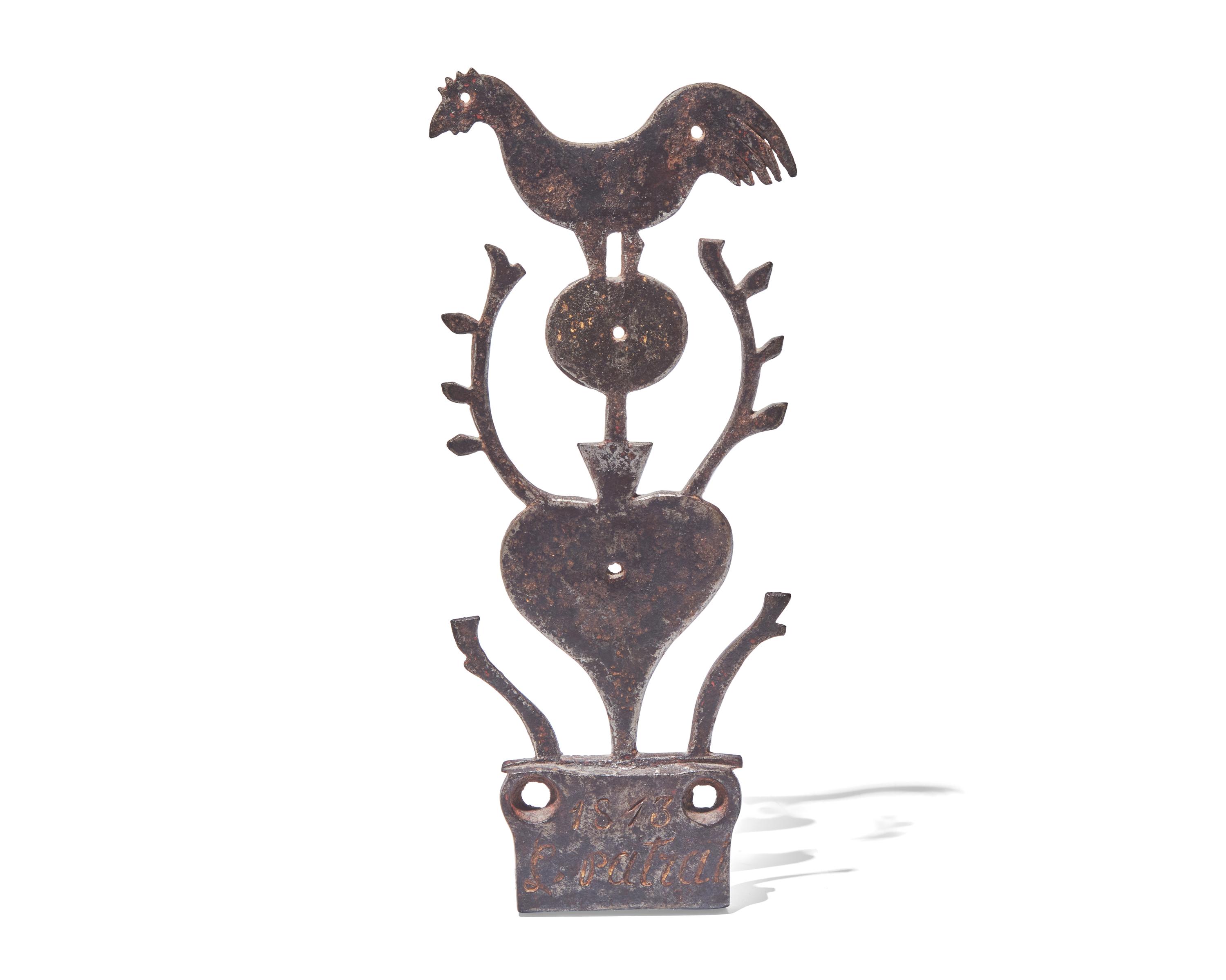 A Figural Wrought Iron Plate with Rooster Finial, Probably French, Dated and Inscribed, "1813 L. Patrat"
