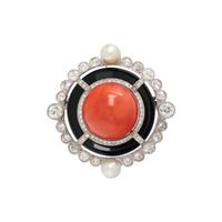 CORAL, ONYX, PEARL AND DIAMOND BROOCH