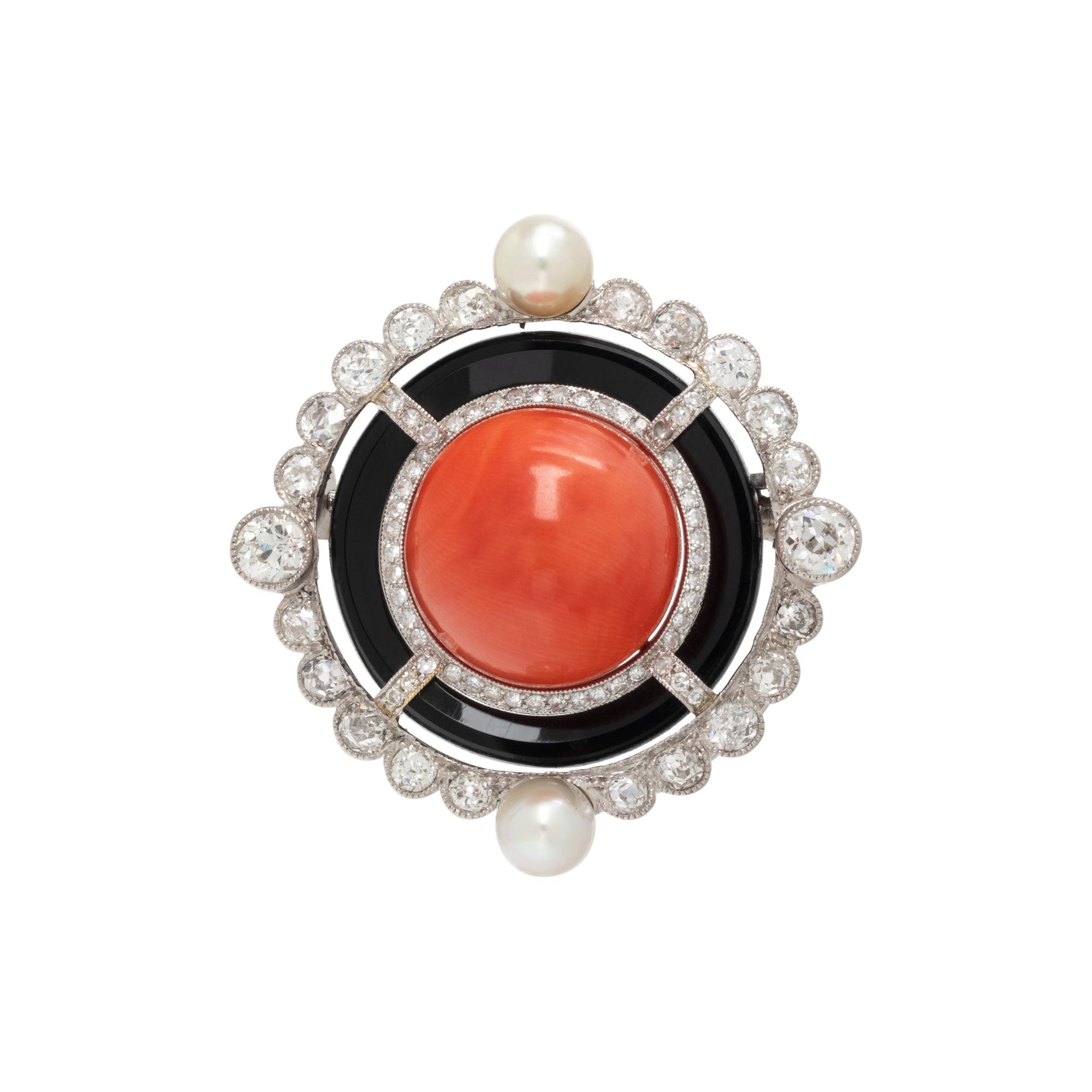 CORAL, ONYX, PEARL AND DIAMOND BROOCH