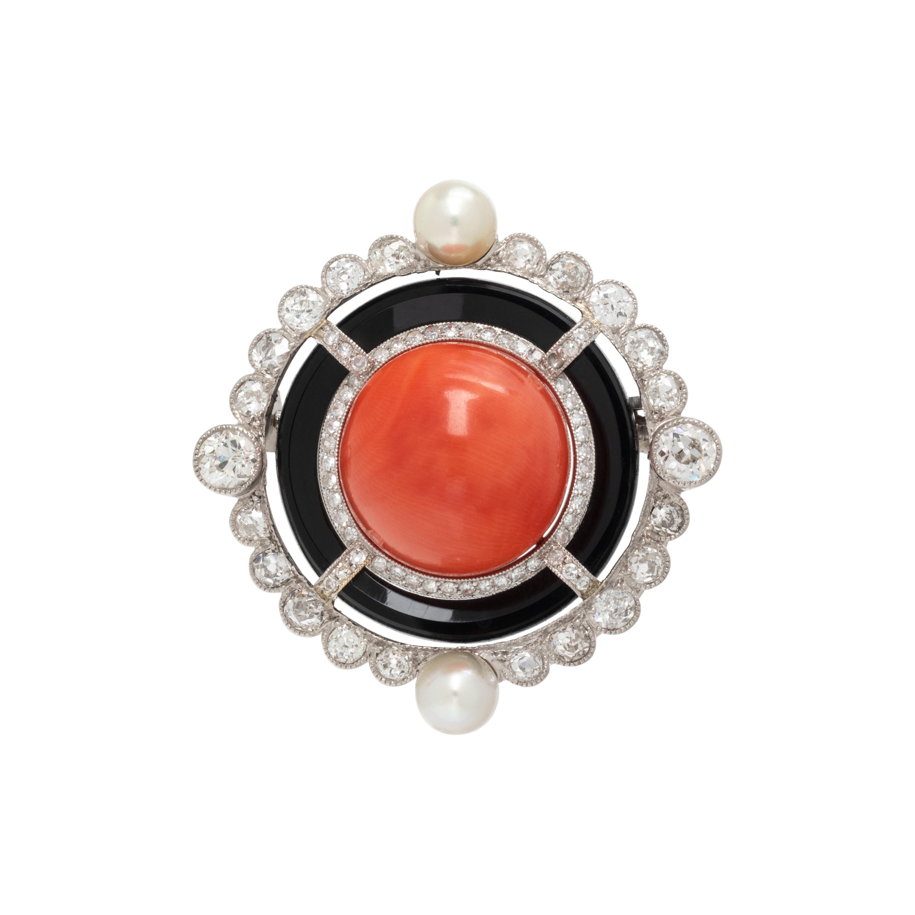 CORAL, ONYX, PEARL AND DIAMOND BROOCH