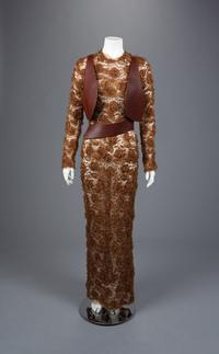 Geoffrey Beene Embroidered Lace and Leather Dress, Fall 1995