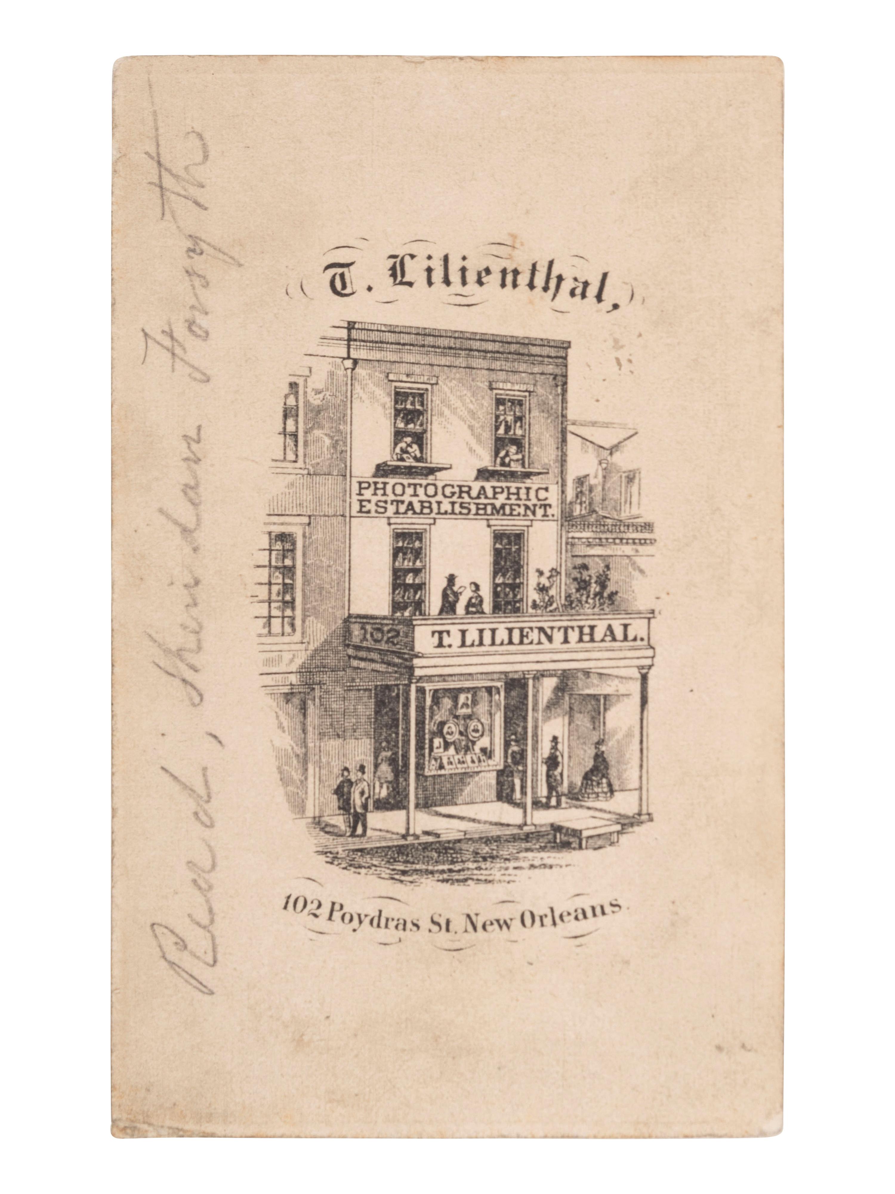 [CIVIL WAR]. CDV featuring General Philip H. Sheridan, General James W. Forsyth, and an unknown civilian. New Orleans: T. Lilienthal, n.d.