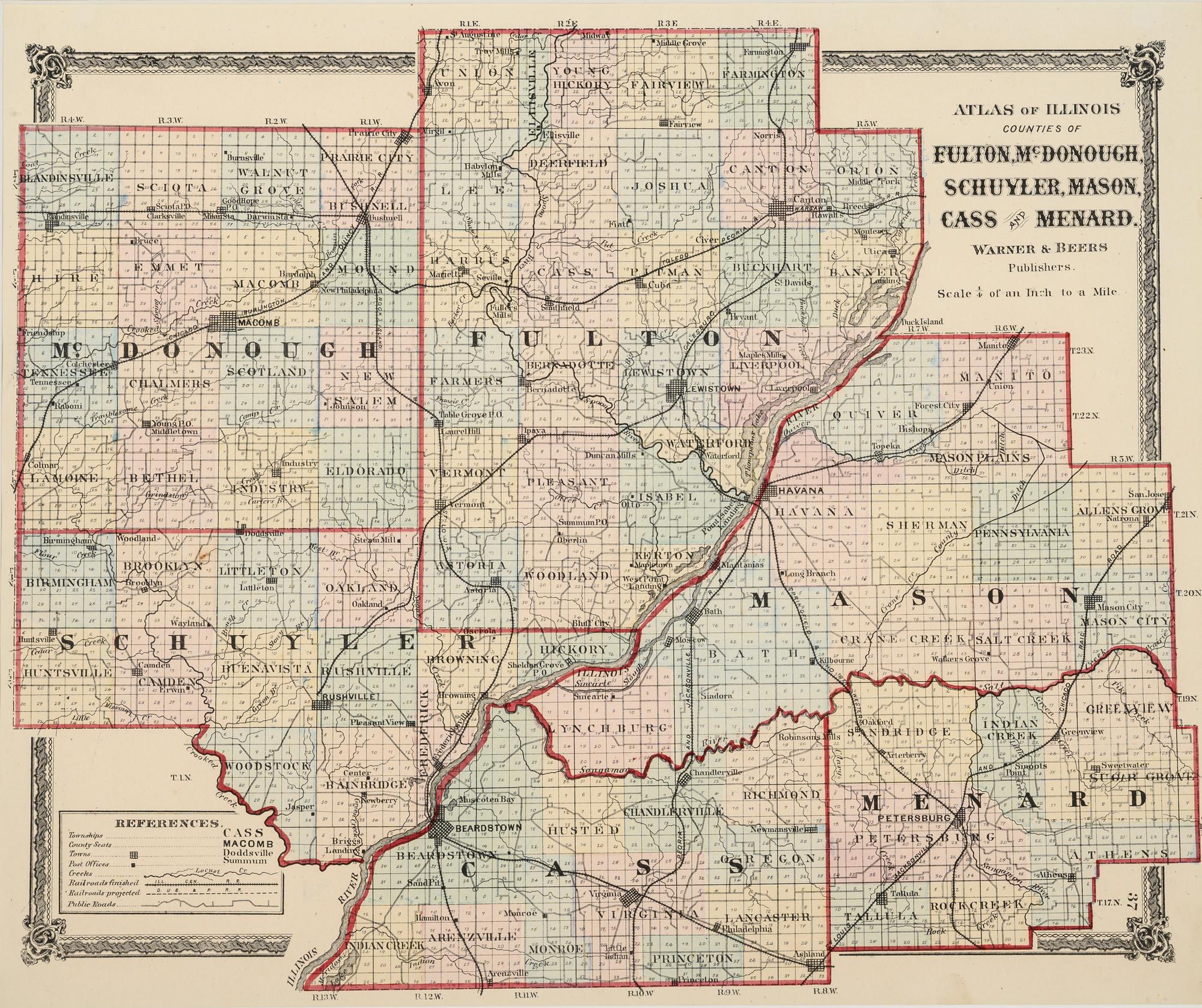Atlas of Illinois : Counties of Fulton, McDonough, Schuyler, Mason, Cass, and Menard . Chicago: Warner & Beers, N.d. Plate 37. 23 ¼ x 26 ¼ in. Matted and framed.