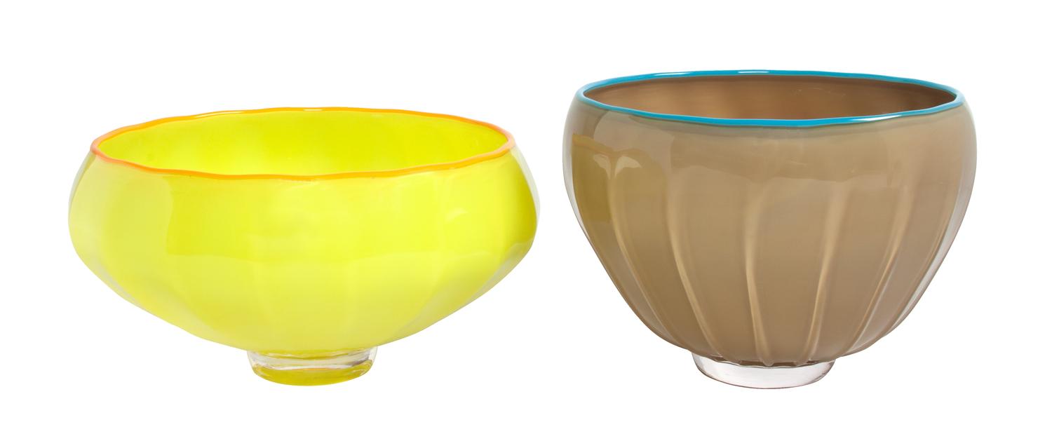 Two American Studio Glass Bowls First: Height 6 1/2 x diameter 9 inches.