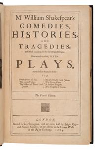 Shakespeare, William (1564-1616). Mr. William Shakespear's Comedies, Histories, and Tragedies. Published according to the true Original Copies. Unto which is added, SEVEN PLAYS, Never before Printed in Folio . London: Printed [by Robert Roberts, Robert Everingham, and John Macock] for H[enry]. Herringman, and are to be sold by Joseph Knight and Francis Saunders, at the Anchor in the Lower Walk of the New Exchange, 1685.