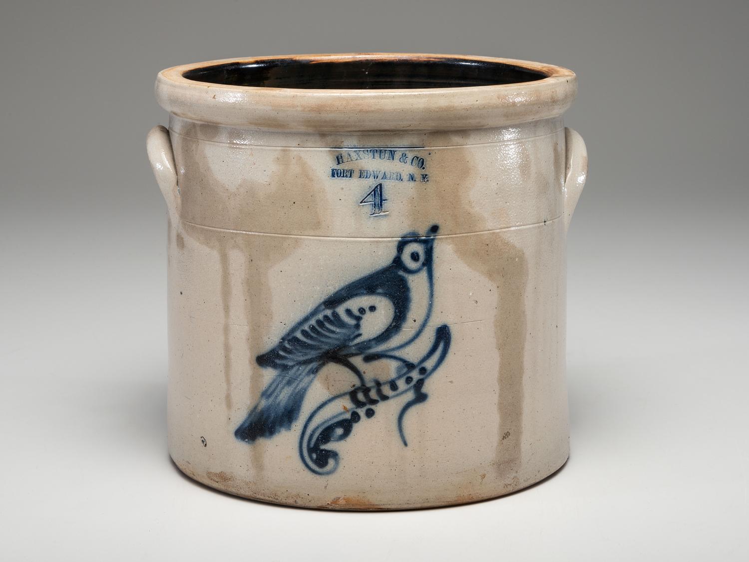 A Haxtun and Co. Four-Gallon Cobalt Decorated Stoneware Crock