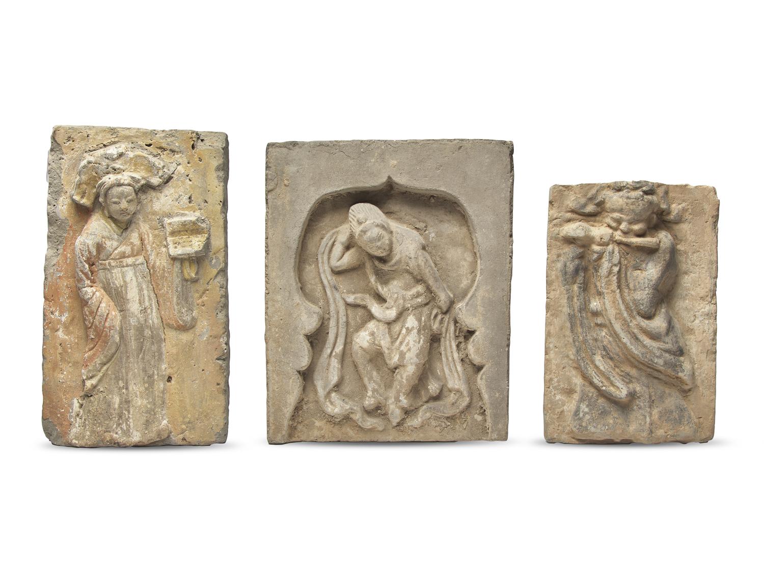 Three Chinese Grey Pottery Panels, Possibly Northern Wei-Ming Dynasty
